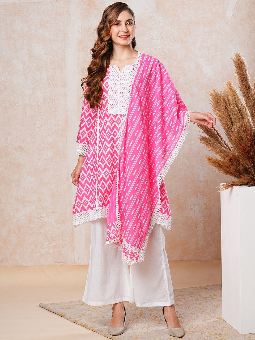 

FASHOR Abstract Printed Pure Cotton Kurta With Palazzos & Dupatta, Pink