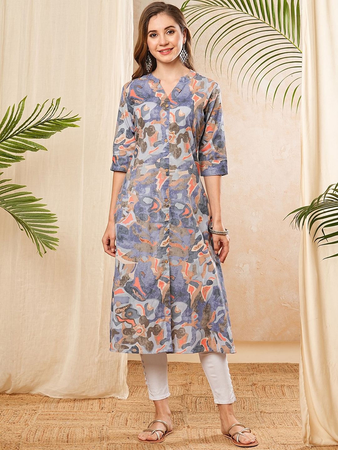 

FASHOR Floral Printed Round Neck Straight Cotton Kurta, Blue
