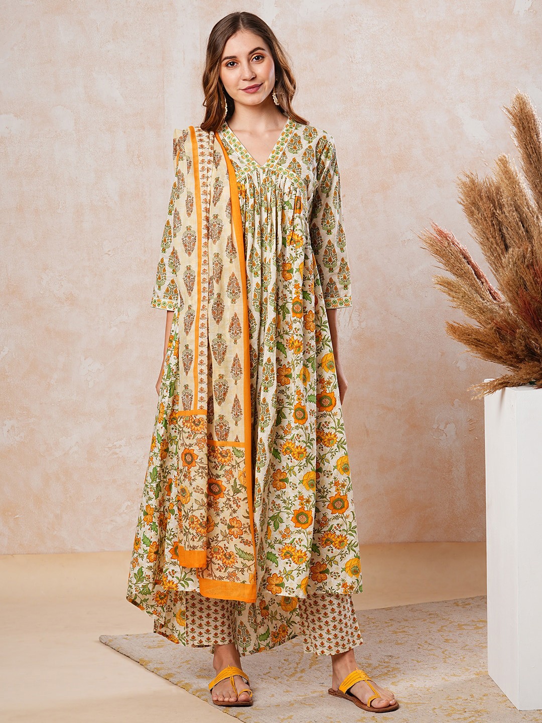 

FASHOR Floral Printed Pleated Thread Work Pure Cotton Kurta With Trouser & Dupatta, Yellow
