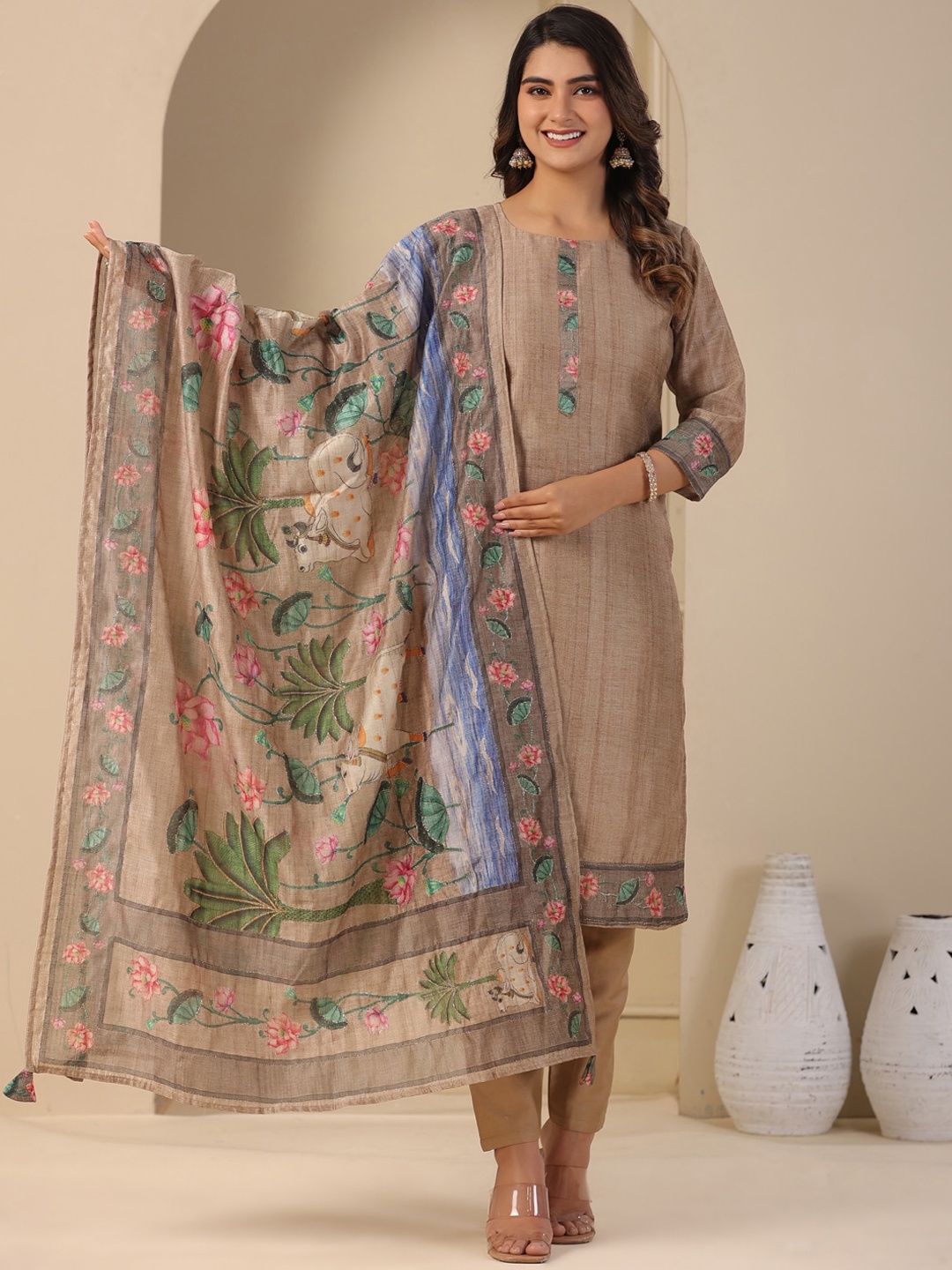 

FASHOR Taupe Floral Embroidered Chanderi Cotton Straight Kurta With Trousers & Dupatta