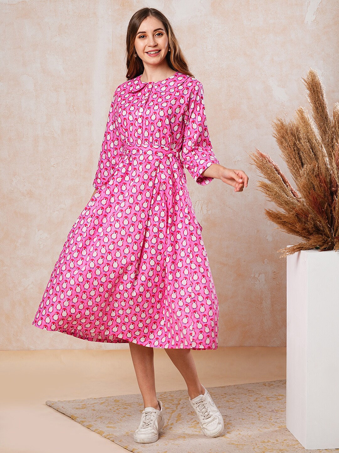 

FASHOR Conversational Print Peter Pan Collar Cotton A-Line Midi Dress, Pink