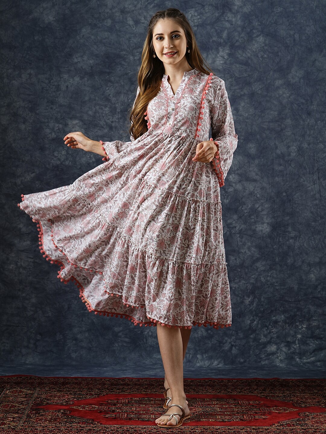 

FASHOR Floral Print V-Neck Tiered Cotton A-Line Midi Dress, Off white