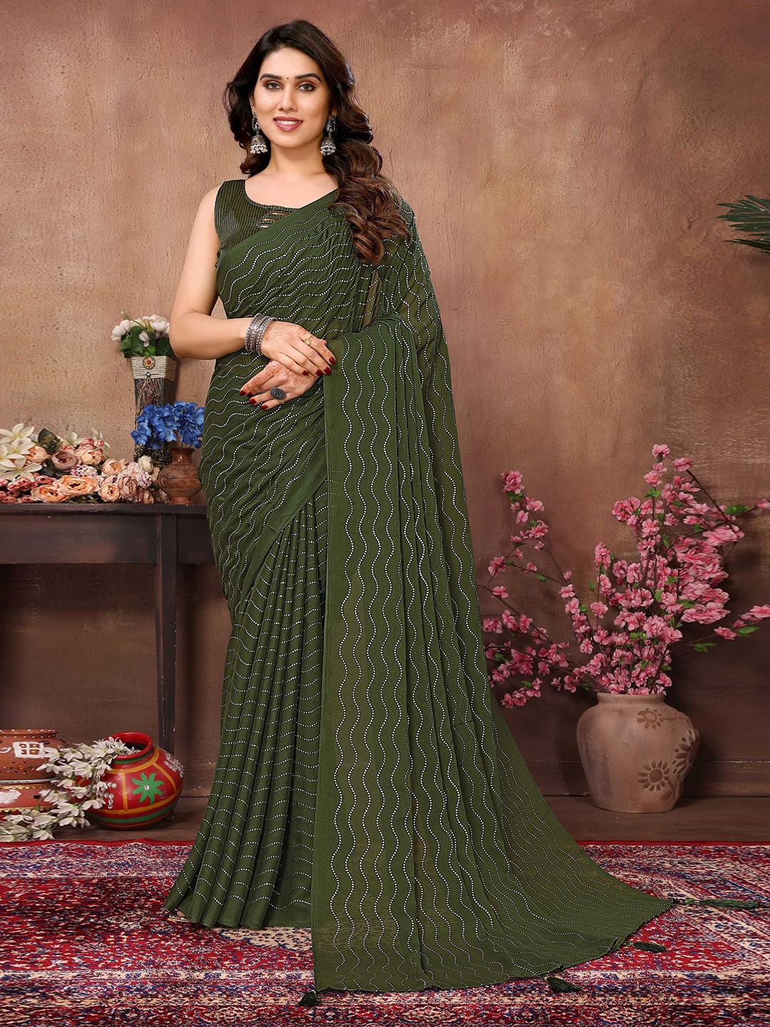 

Mitera Embellished Beads and Stones Satin Saree, Green