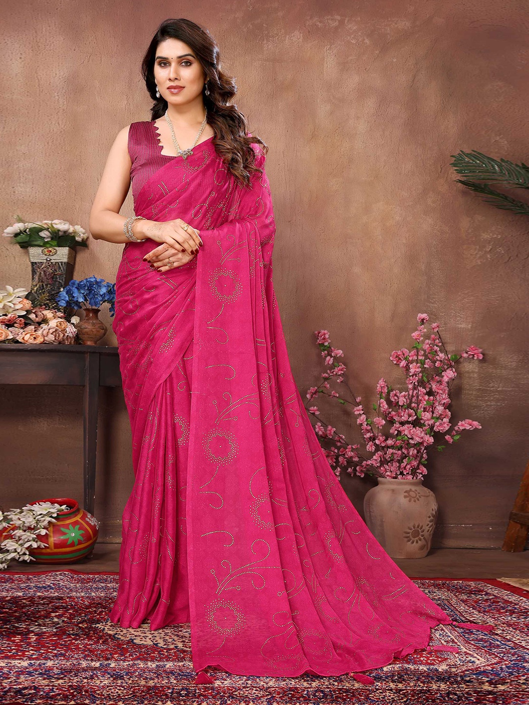 

Mitera Beads And Stones Embellished Satin Saree, Pink