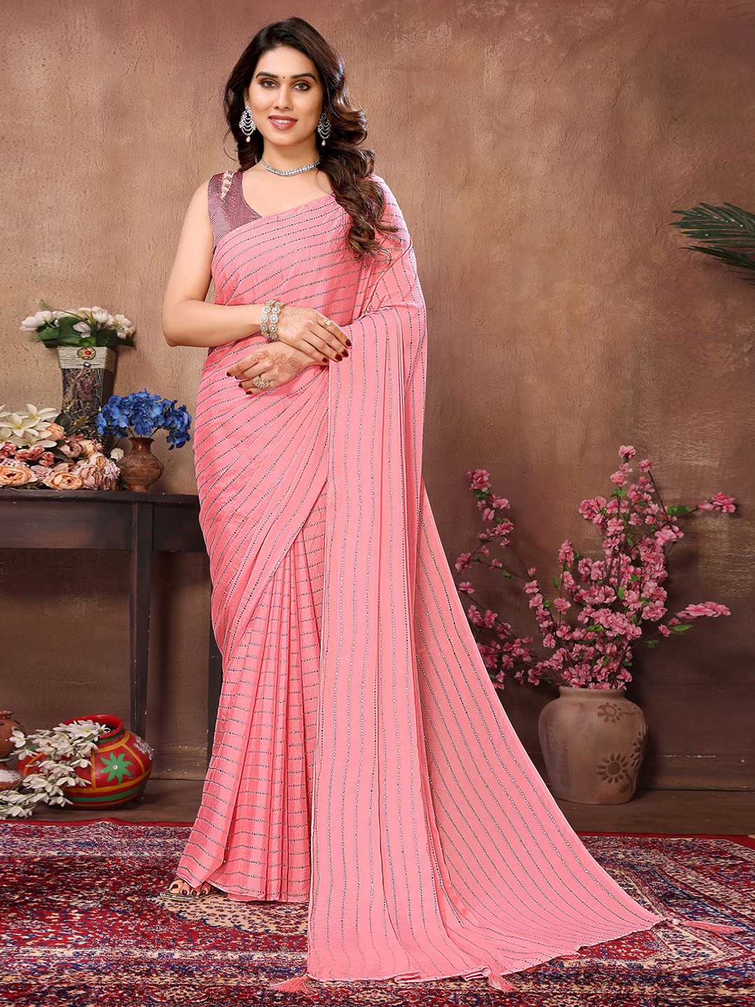 

Mitera Embellished Beads And Stones Embellished Satin Saree, Pink