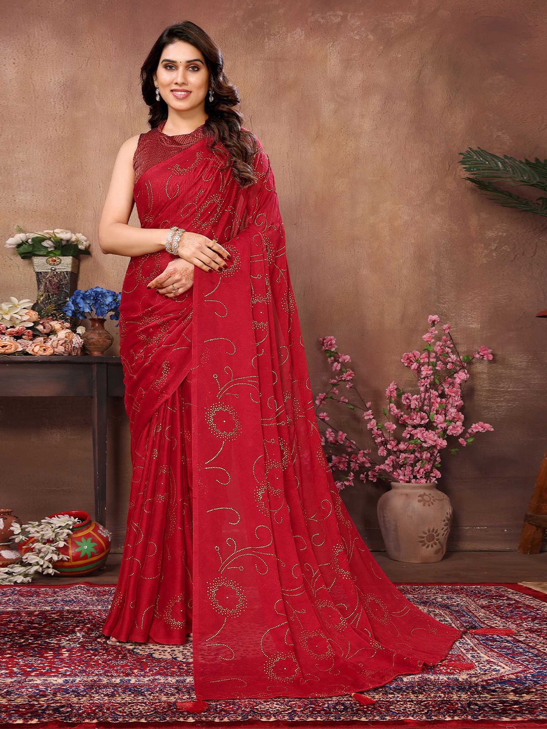 

Mitera Embellished Beads and Stones Satin Ready to Wear Saree, Red