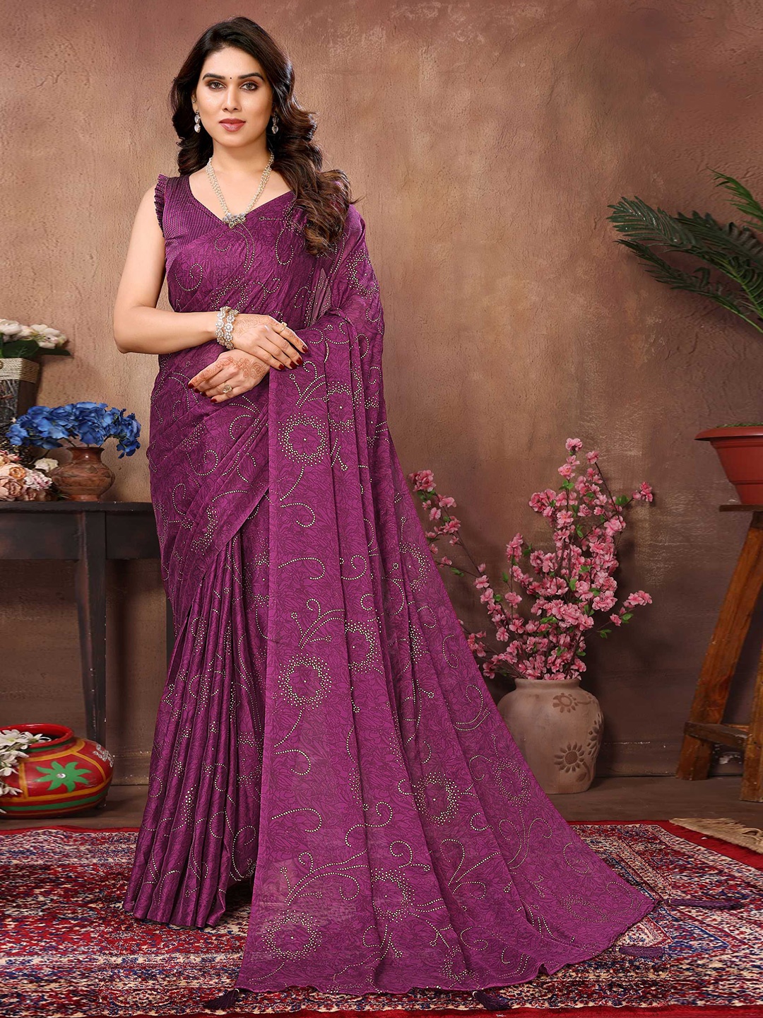 

Mitera Embellished Beads and Stones Satin Saree, Purple