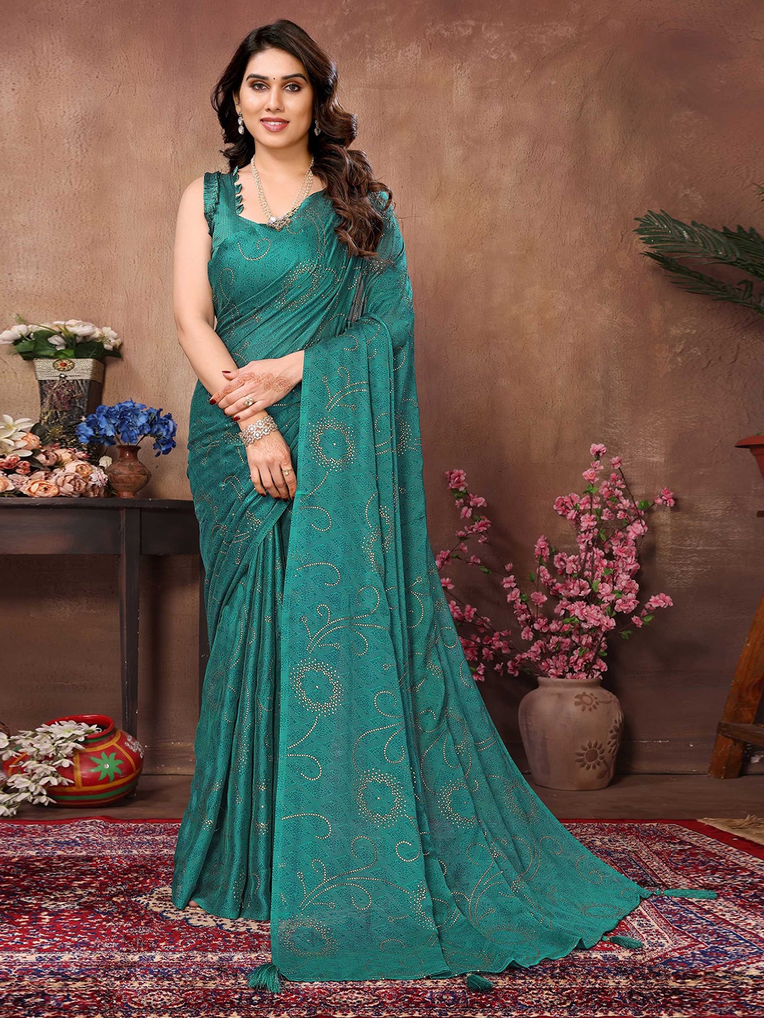 

Mitera Embellished Beads and Stones Satin Saree, Teal