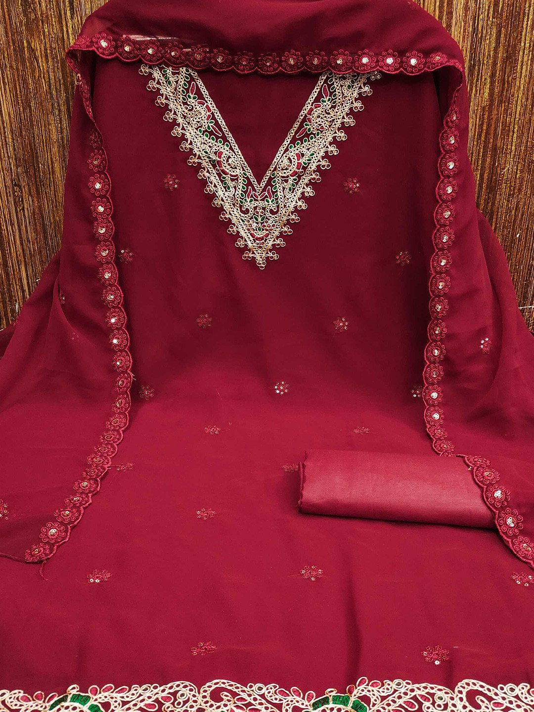 

KALINI Floral Embroidered Unstitched Dress Material, Red
