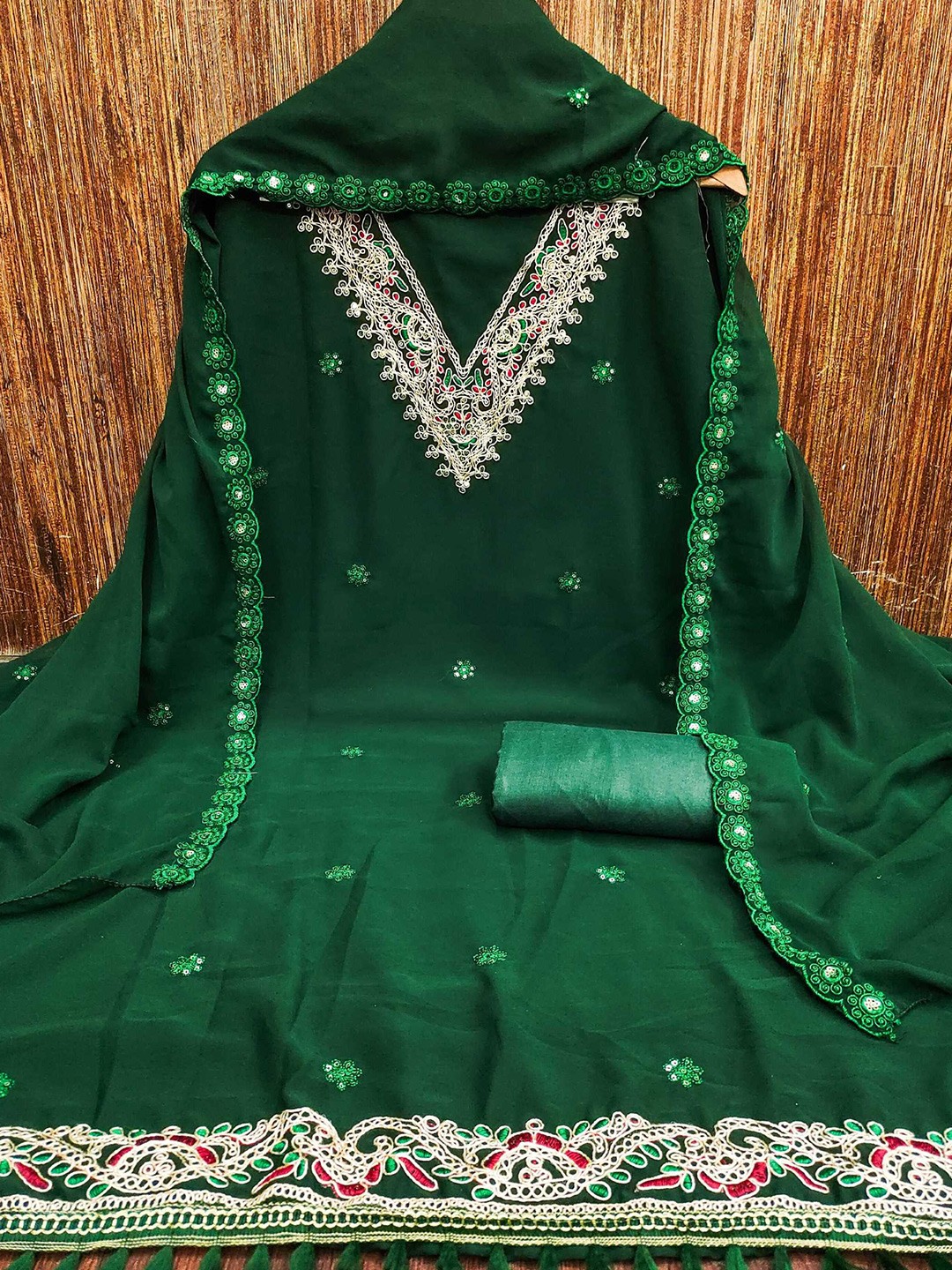 

KALINI Floral Embroidered Unstitched Dress Material, Green