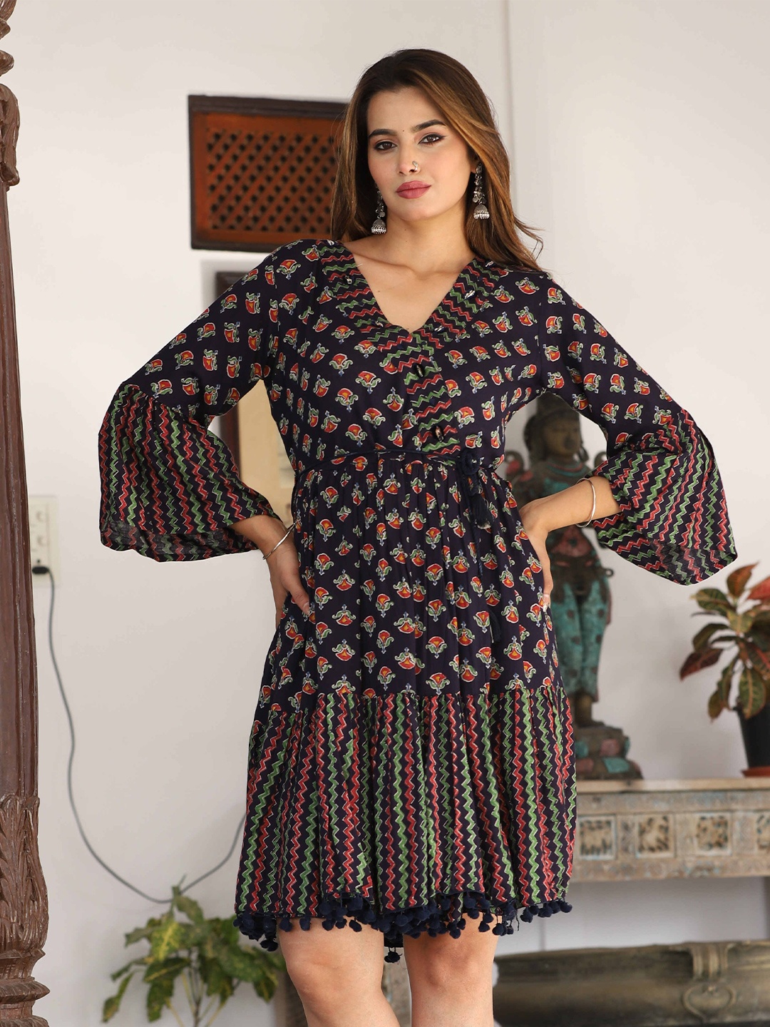 

KALINI Floral Printed V-Neck Bell Sleeves Fit & Flared Dress, Blue