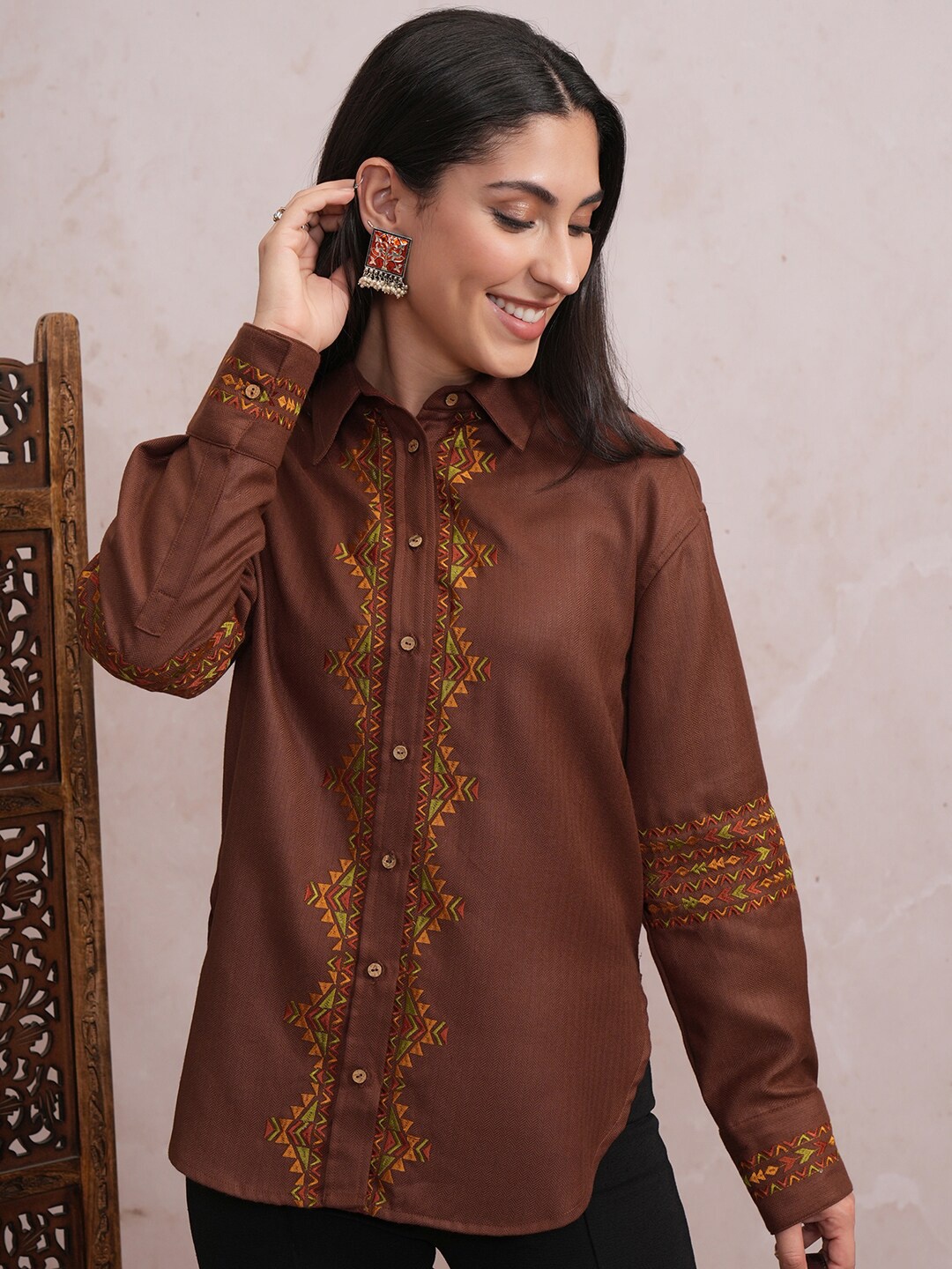 

Vishudh Embroidered Casual Shirt, Brown