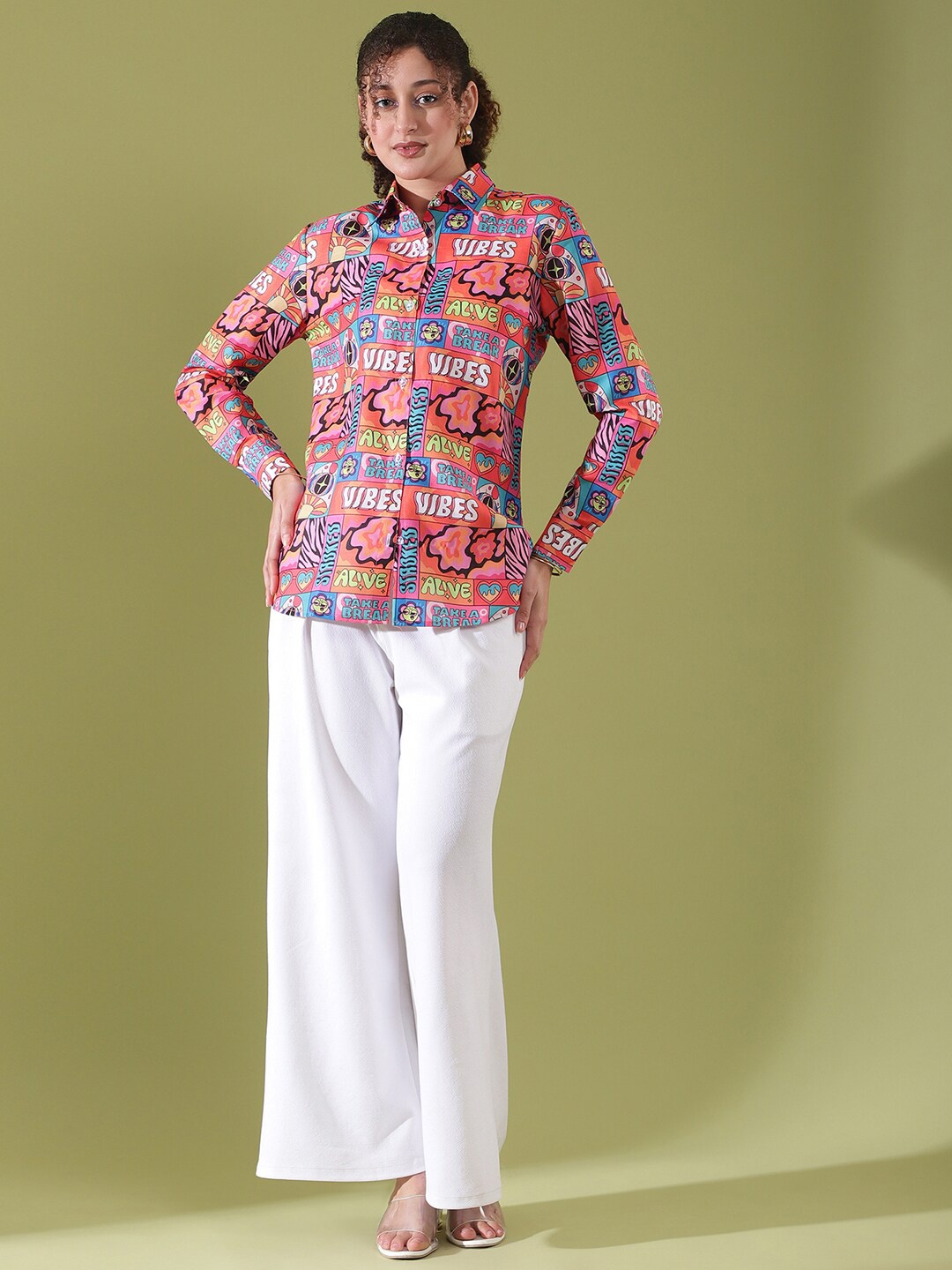 

Selvia New Typography Printed Spread Collar Cotton Casual Shirt, Pink