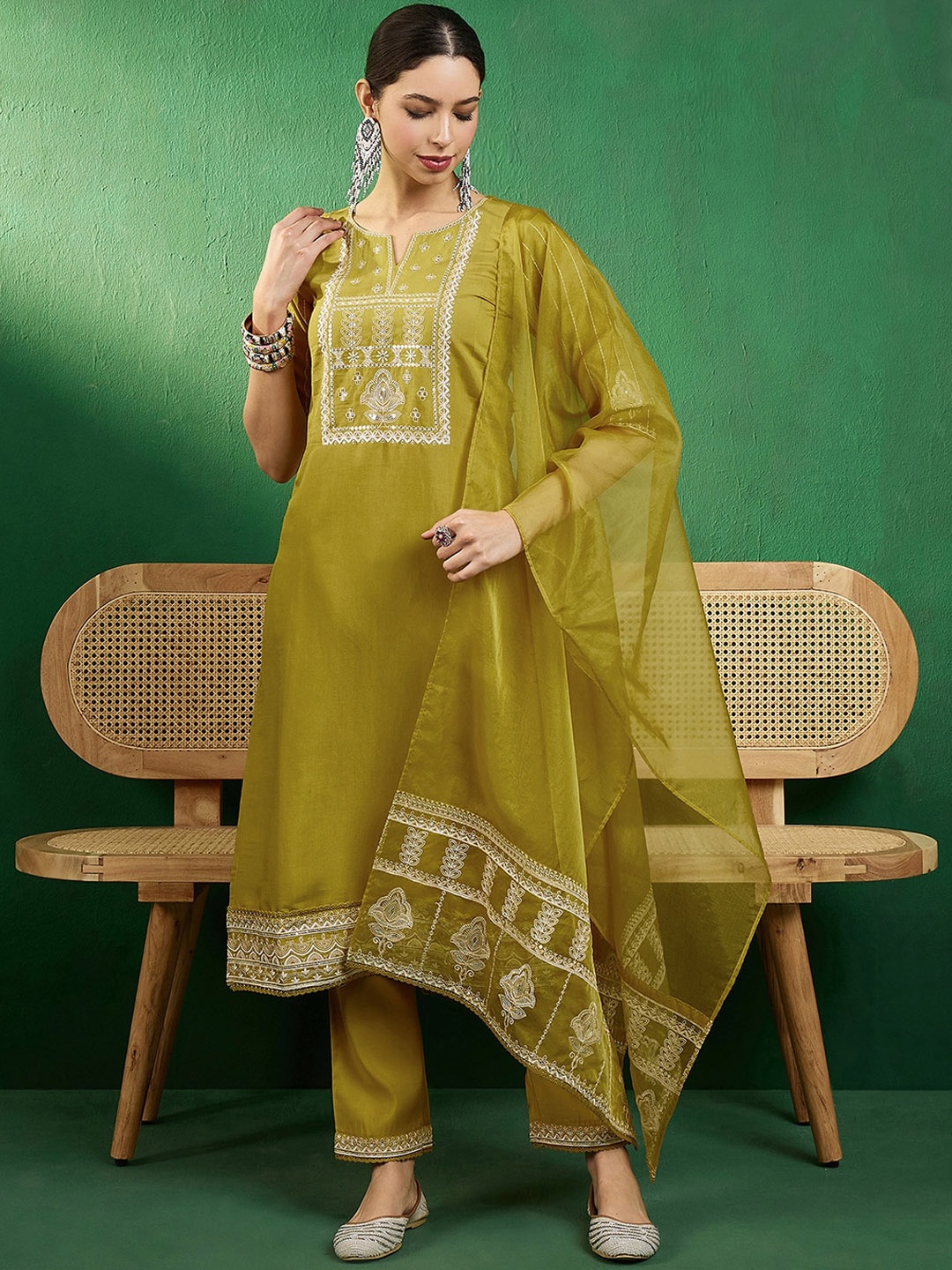 

Sangria Sequin Embroidered Notch Neck Straight Kurta With Trousers & Dupatta, Mustard