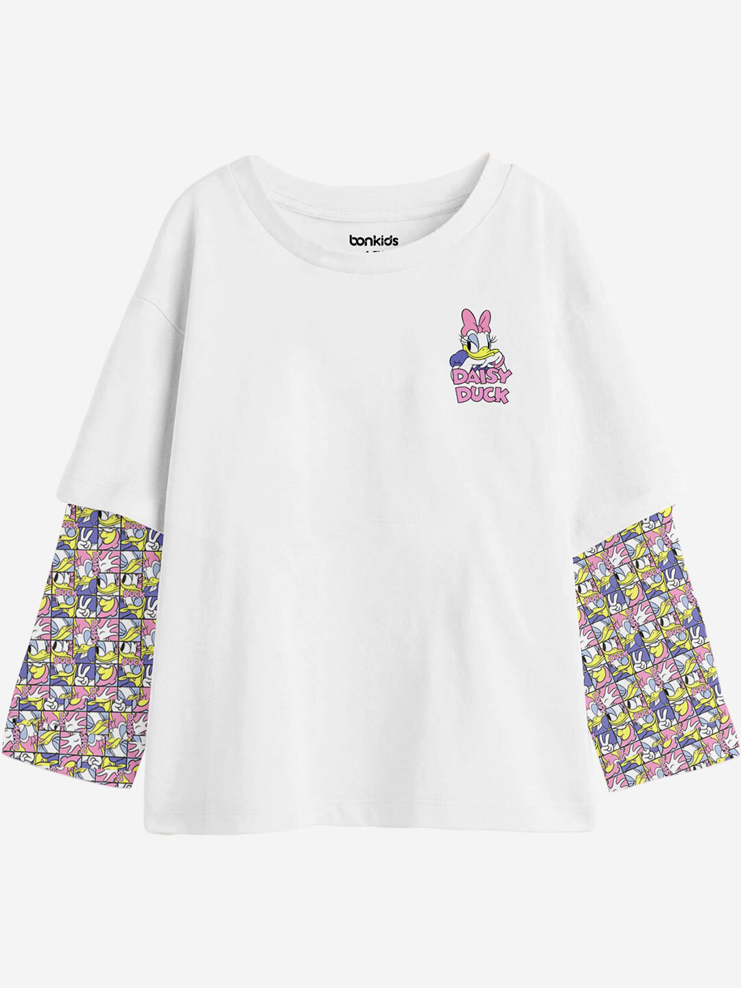 

BONKIDS Girls Floral Printed Drop-Shoulder Sleeves T-shirt, White