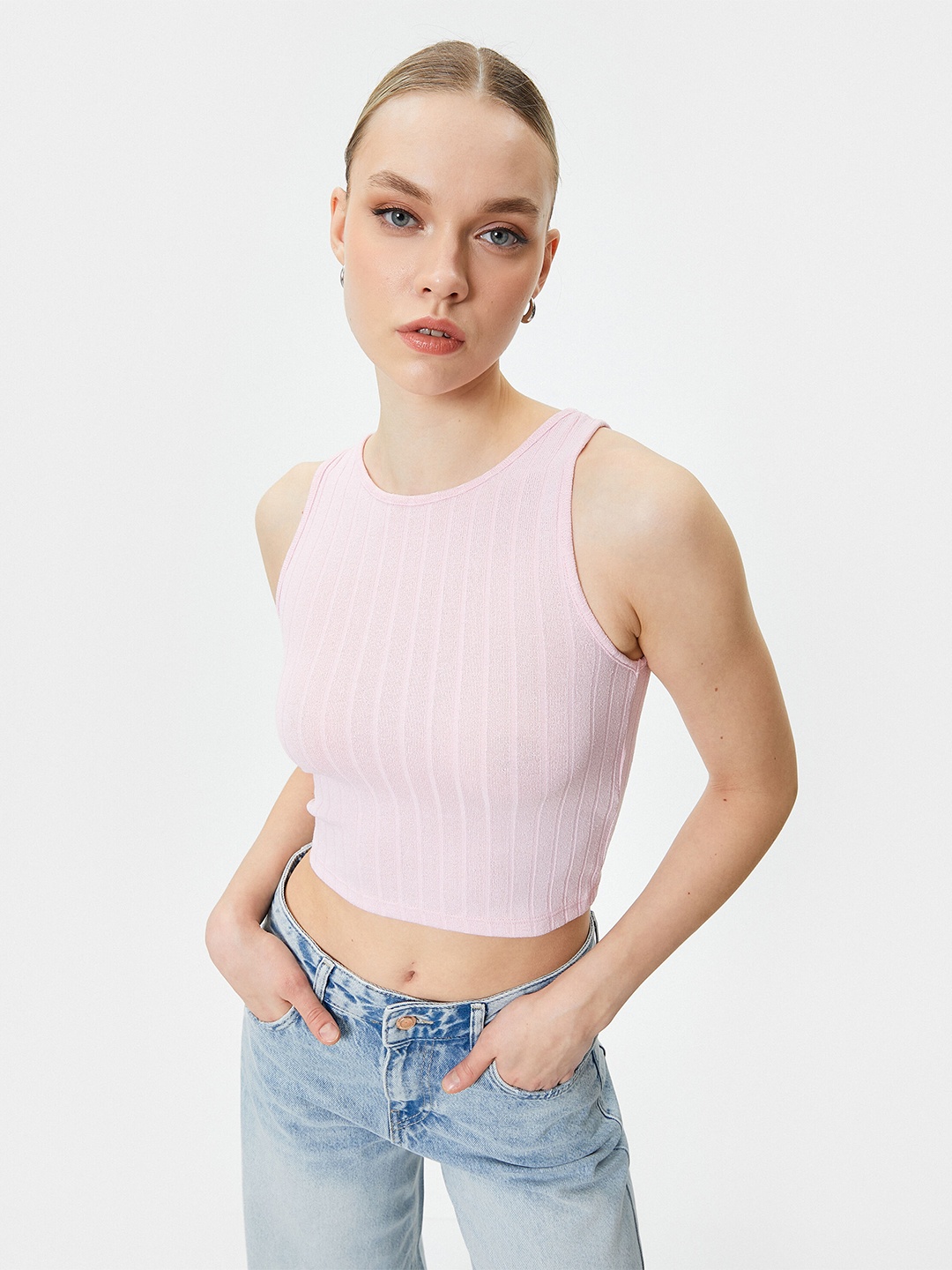 

Koton Striped Sleeveless Fitted Crop Top, Rose