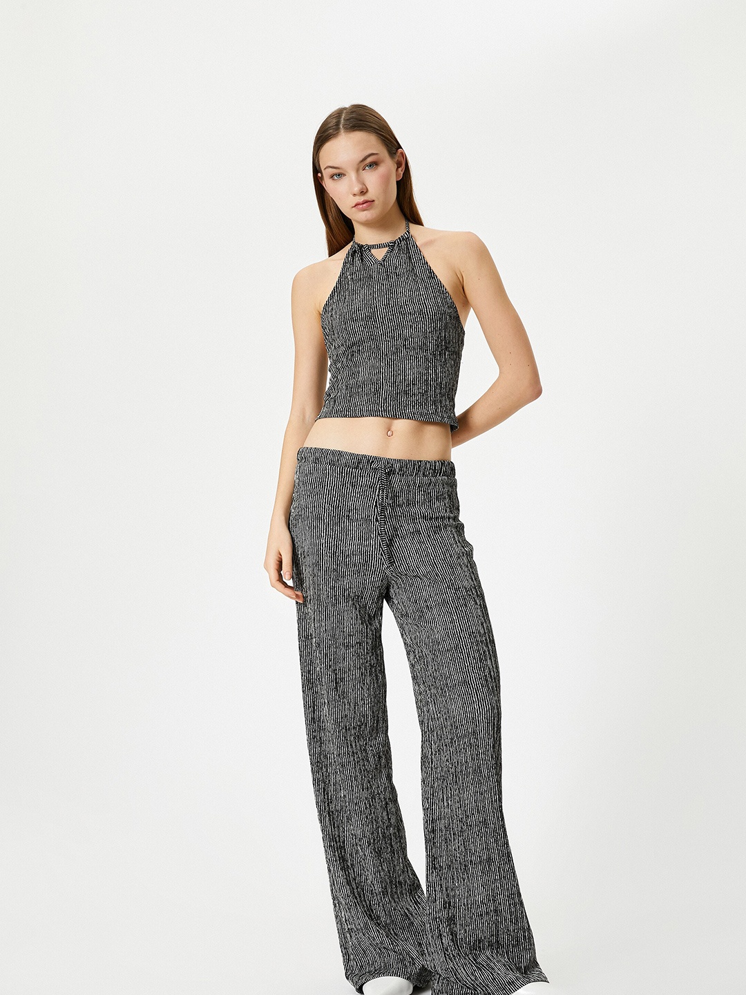 

Koton Striped Halter Neck Crop Top, Black