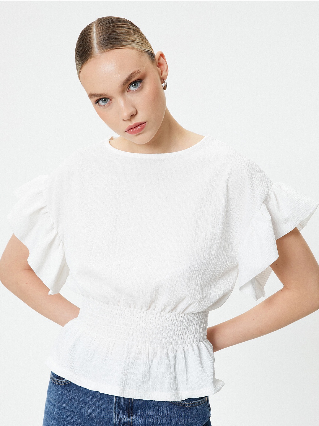 

Koton Flutter Sleeve Cinched Waist Top, White