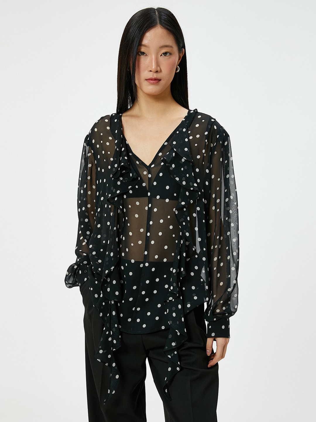 

Koton Polka Dot Print Tie-Up Neck Cuffed Sleeves Top, Black