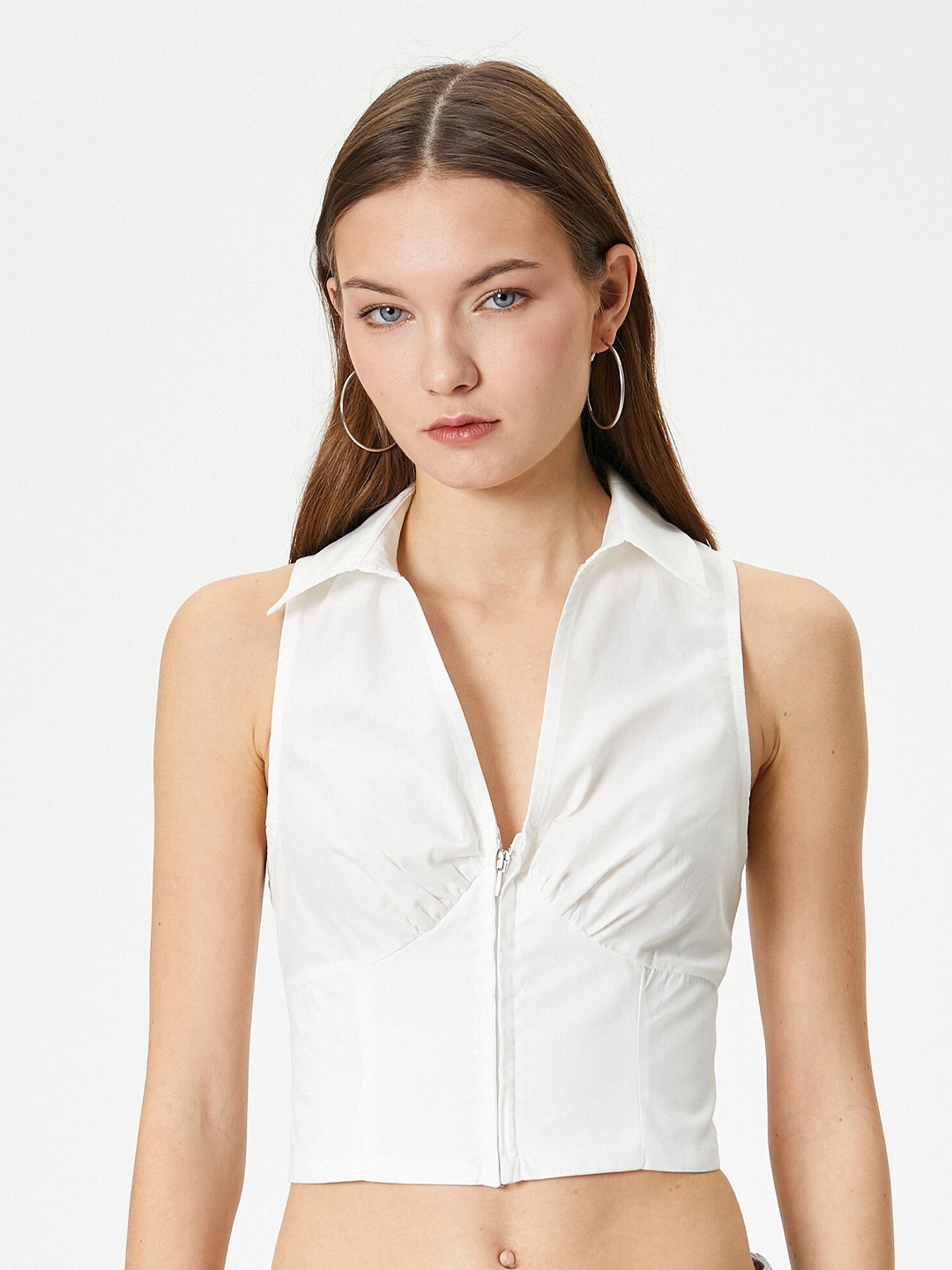 

Koton Shirt Collar Sleeveless Cotton Crop Top, White