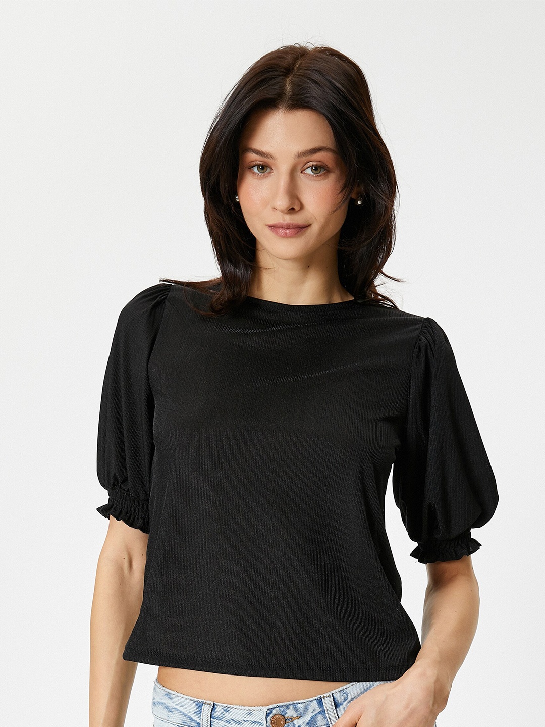 

Koton Round Neck Puff Sleeves Top, Black