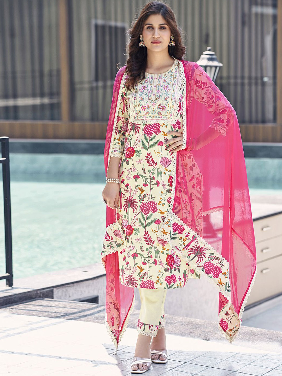 

KALINI Floral Printed Round Neck Thread Work Kurta with Trousers & With Dupatta, Cream