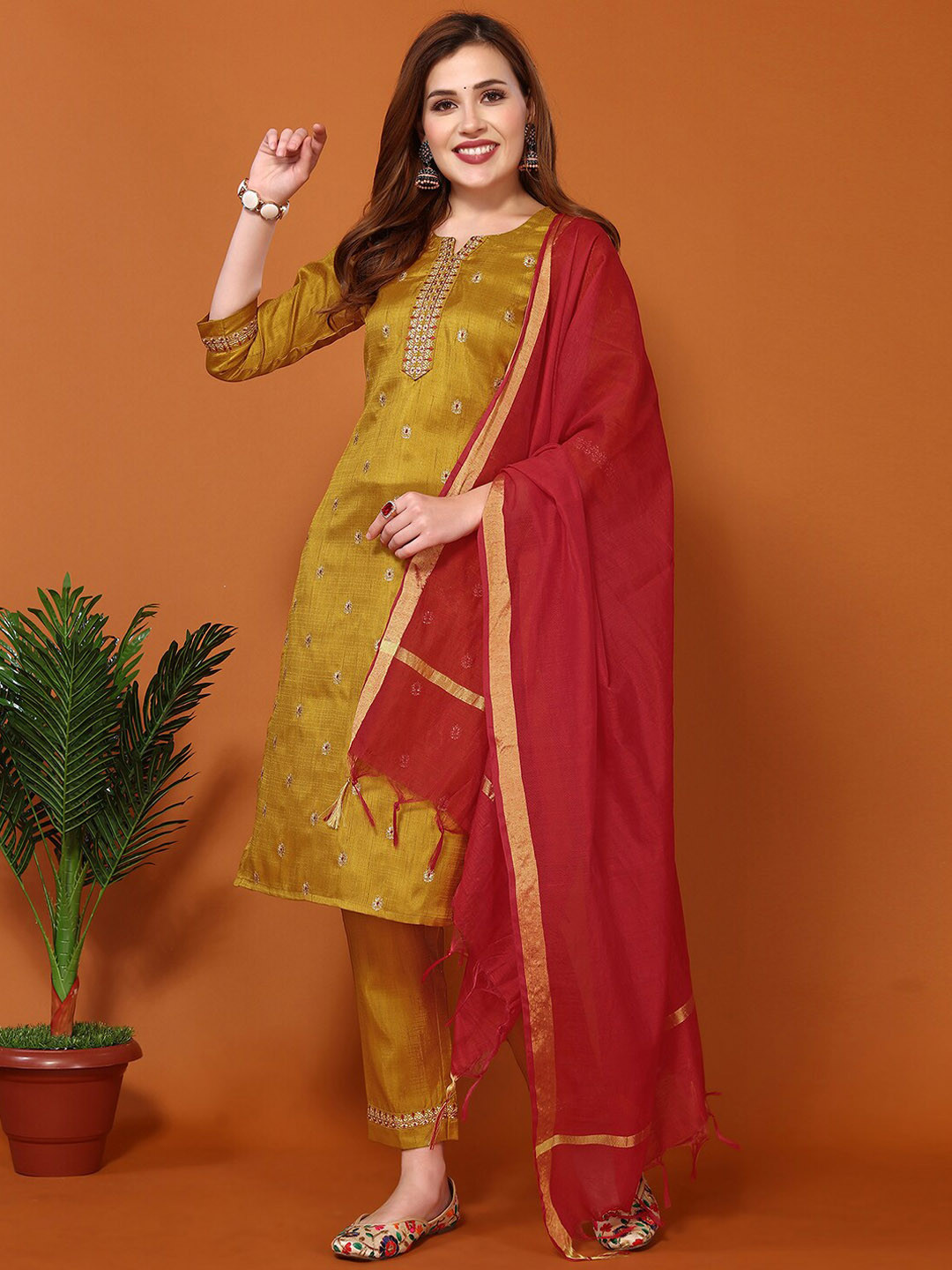

KALINI Ethnic Motifs Embroidered Regular Thread Work Kurta With Trousers & Dupatta, Mustard