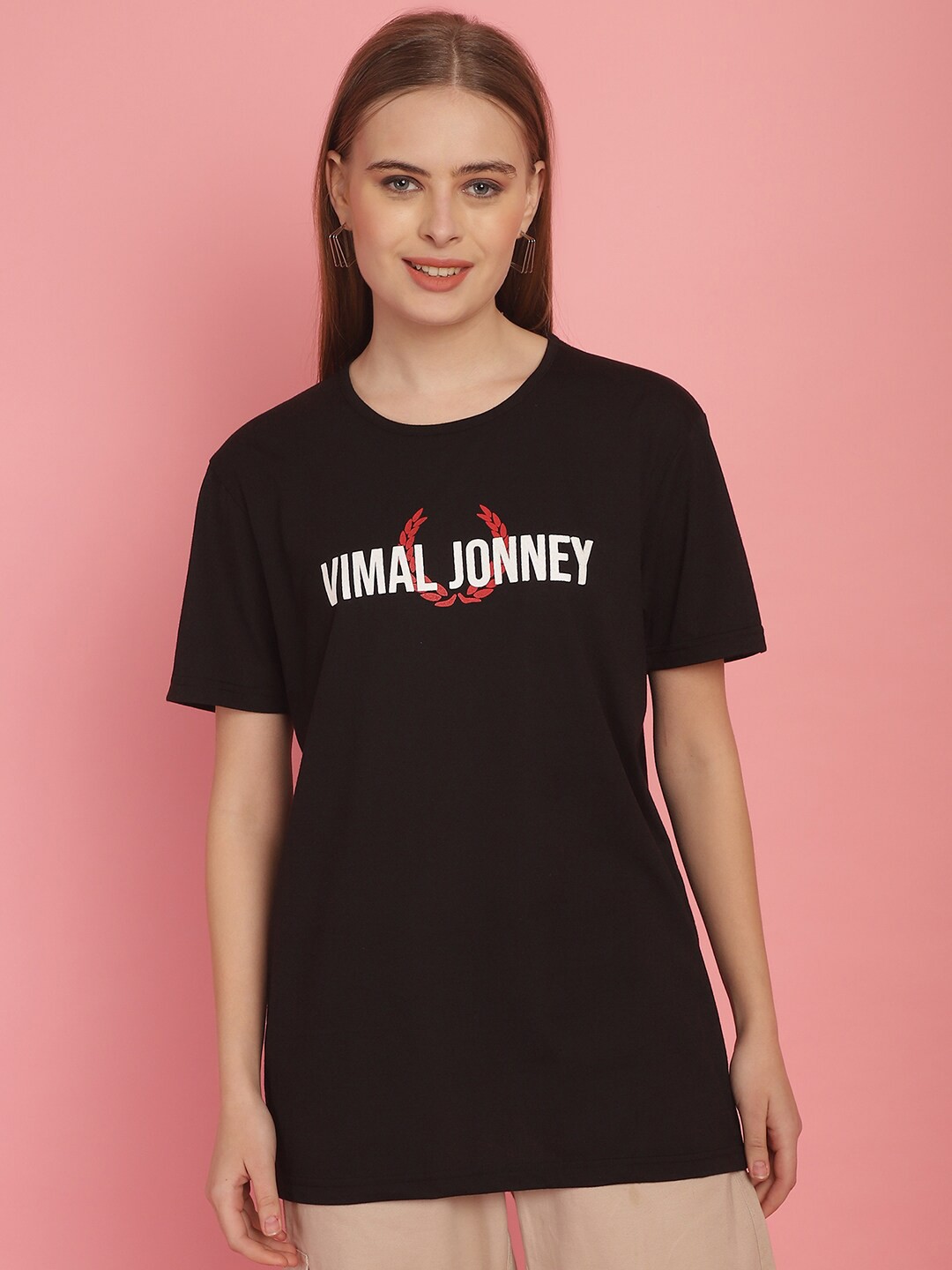 

VIMAL JONNEY Women Brand Logo Drop-Shoulder Sleeves Oversized Cotton T-shirt, Black