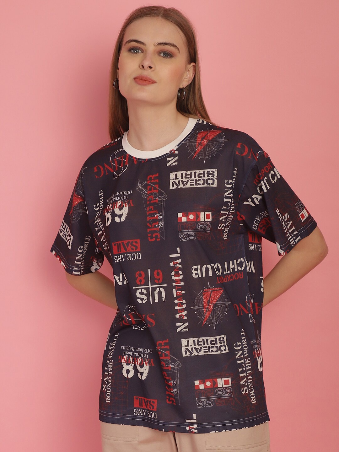 

VIMAL JONNEY Typography Printed Drop-Shoulder Sleeves Oversized Cotton T-shirt, Navy blue