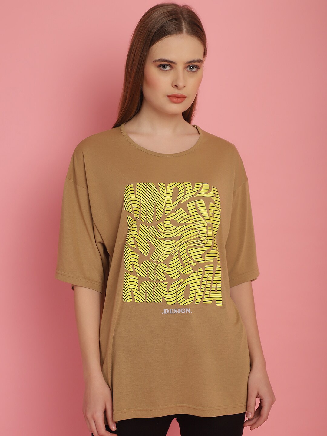 

MACK JONNEY Women Typography Printed Drop-Shoulder Sleeves Oversized T-shirt, Beige