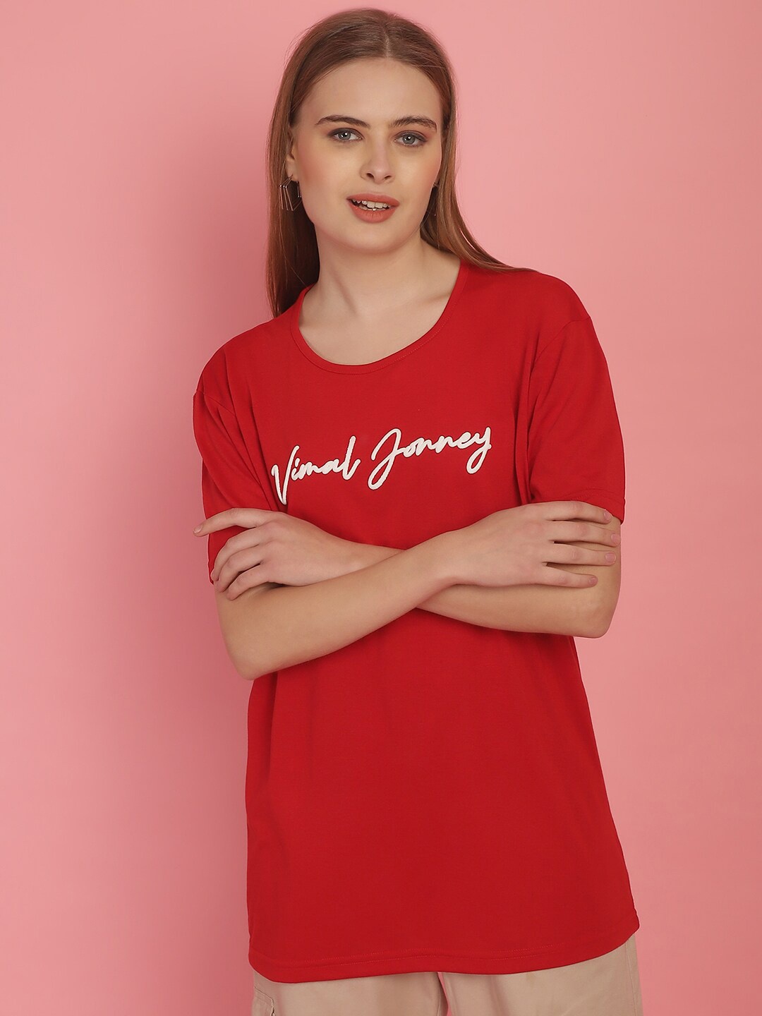 

MACK JONNEY Women Typography Printed Drop-Shoulder Sleeves Oversized Cotton T-shirt, Red
