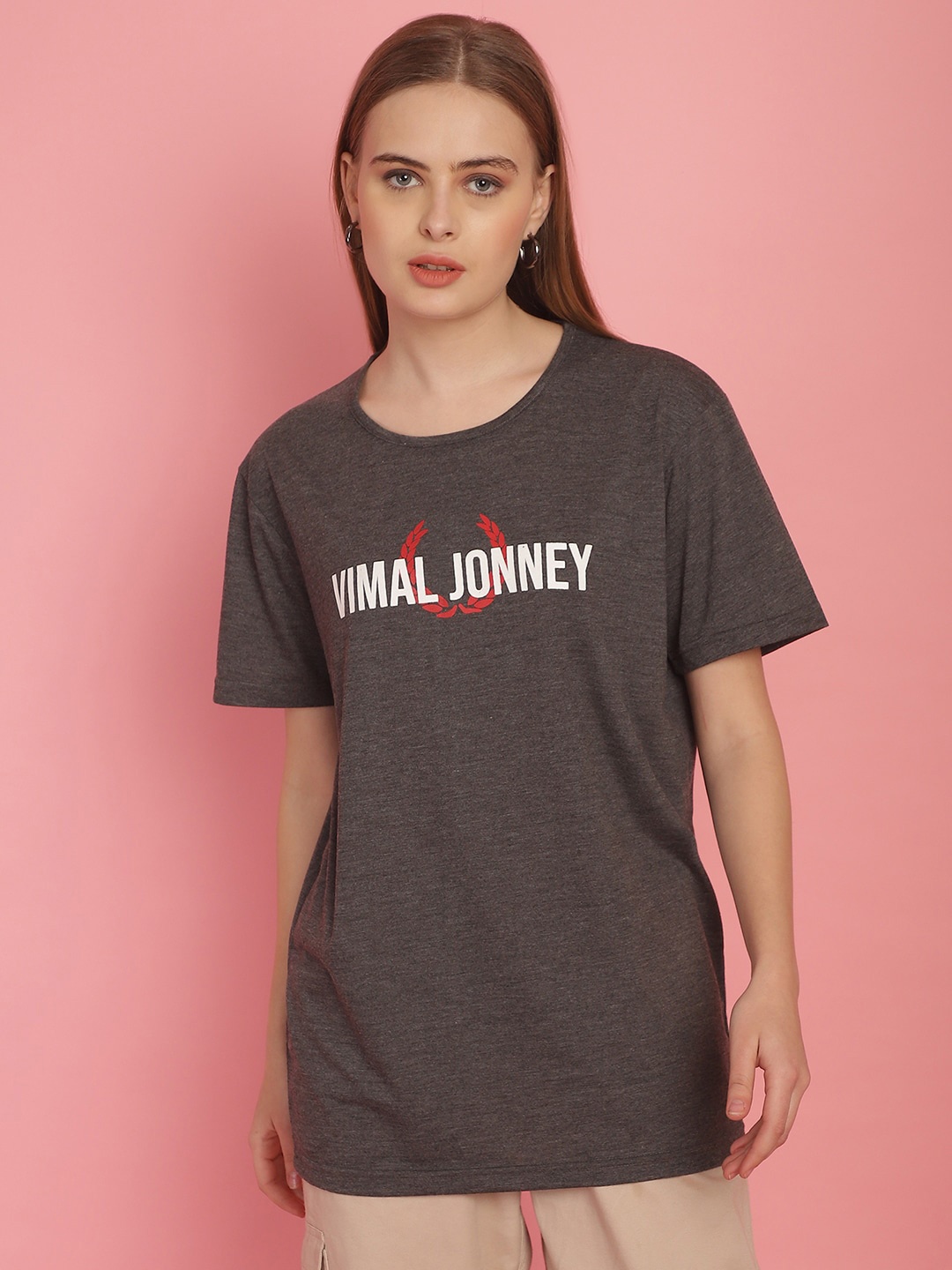 

VIMAL JONNEY Women Brand Logo Printed Drop-Shoulder Sleeves Oversized Cotton T-shirt, Grey