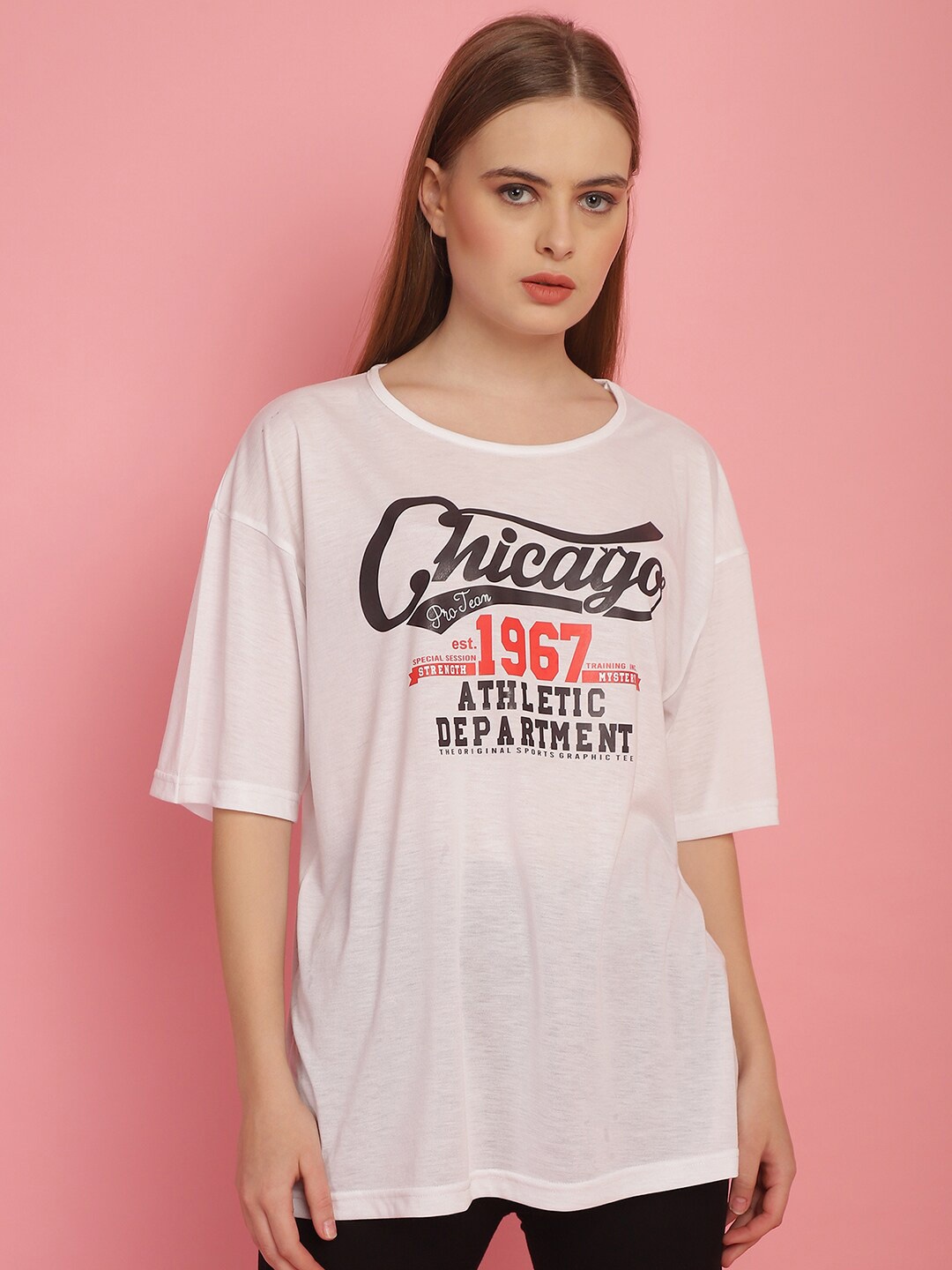 

MACK JONNEY Women Typography Printed Drop-Shoulder Sleeves Oversized Cotton T-shirt, White