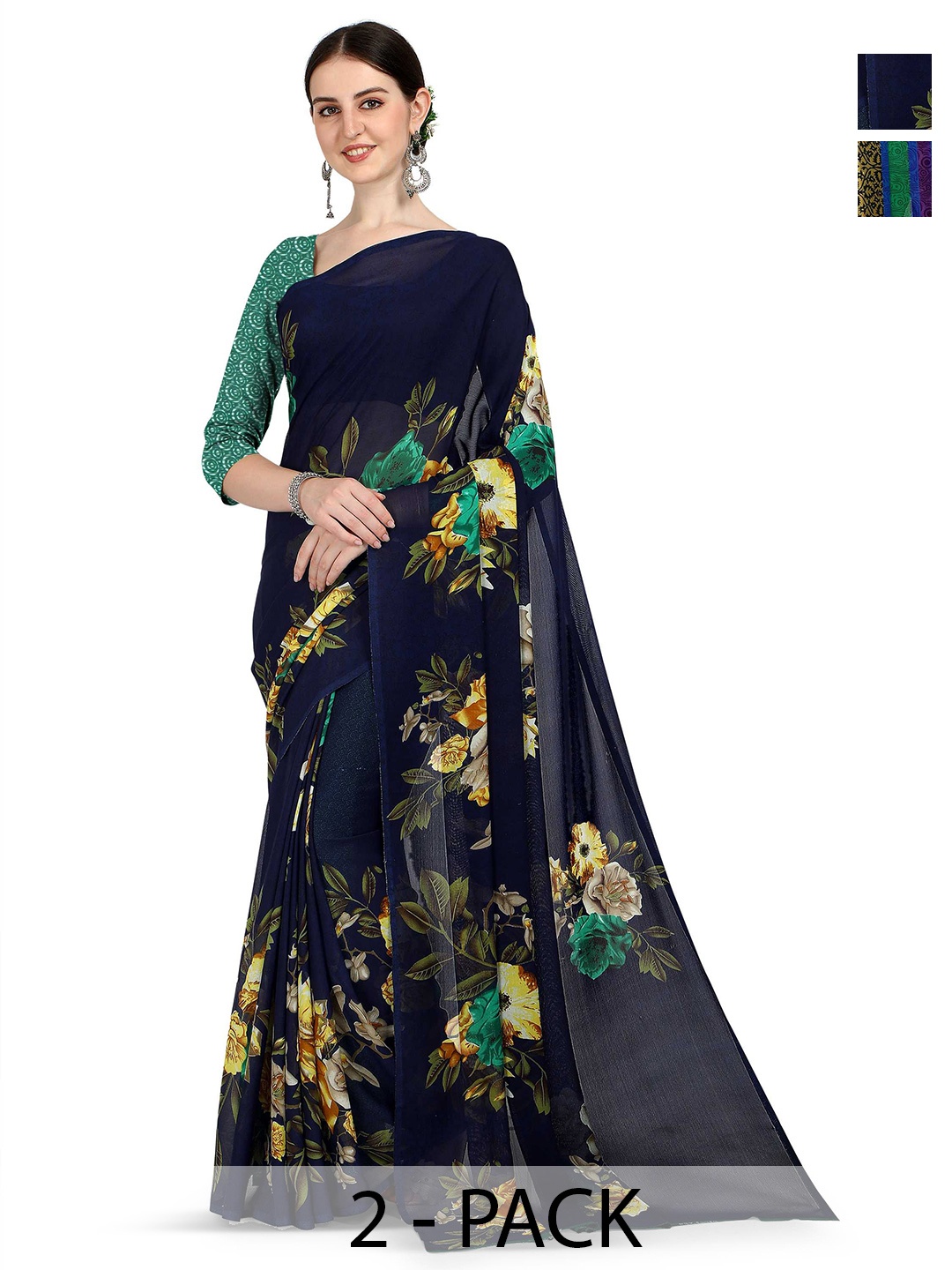 

ANAND SAREES Pack of-2 Floral Printed Saree, Green