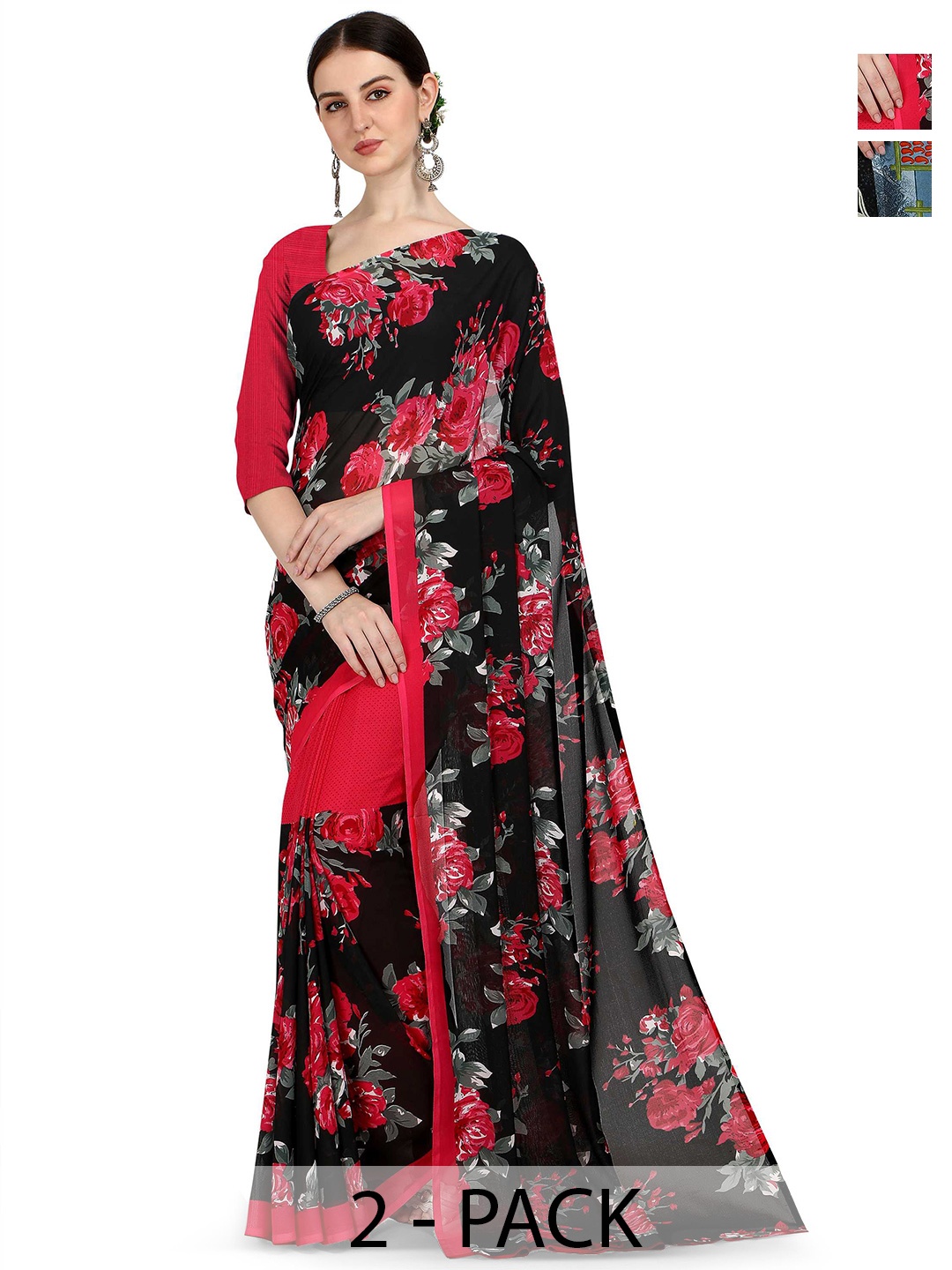 

ANAND SAREES Floral Saree Pack of 2, Black