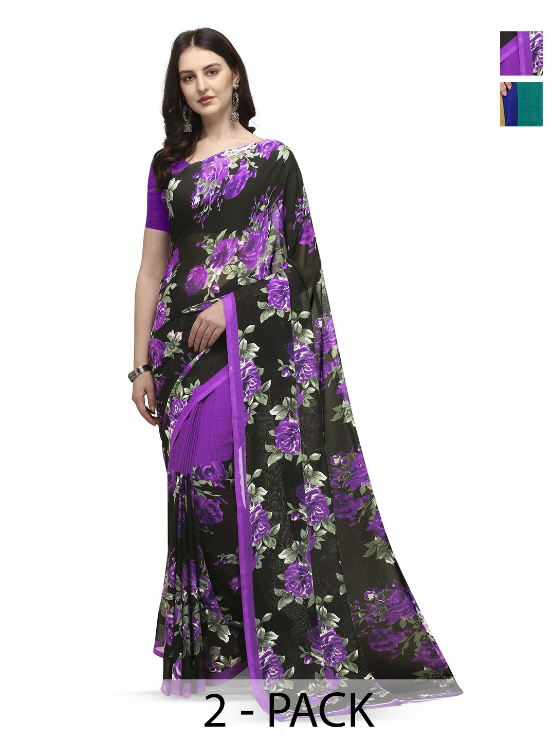 

ANAND SAREES Pack of 2 Floral Saree, Black