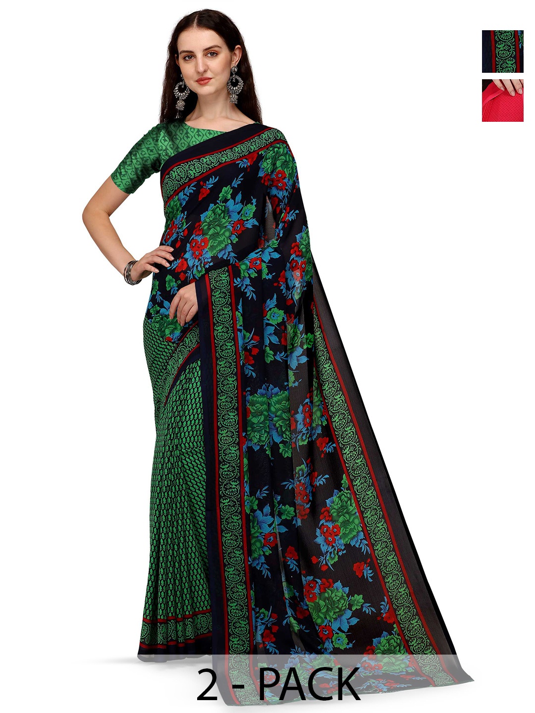 

ANAND SAREES Pack of 2 Floral Saree, Black
