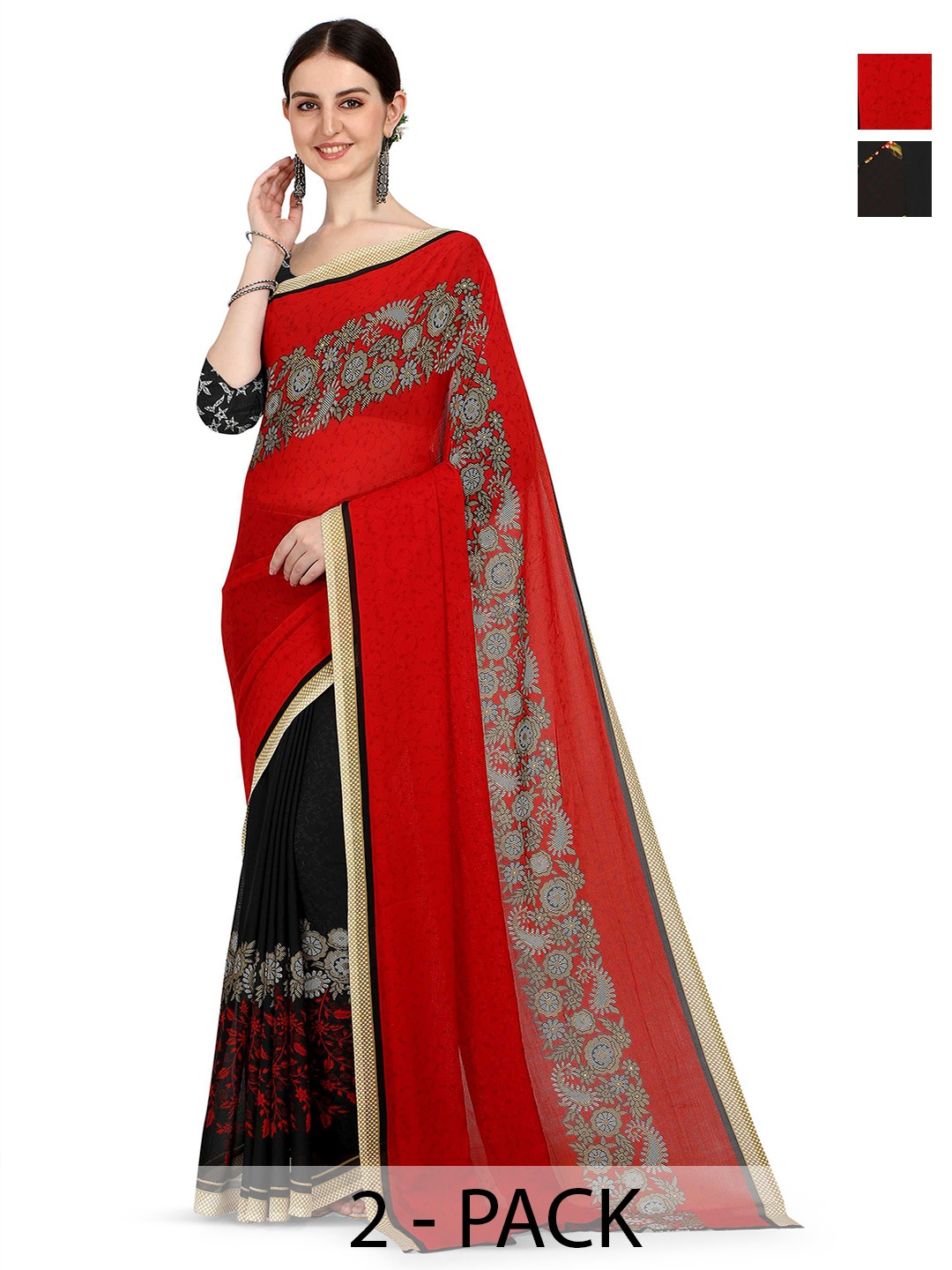 

ANAND SAREES Pack of-2 Floral Printed Saree, Black