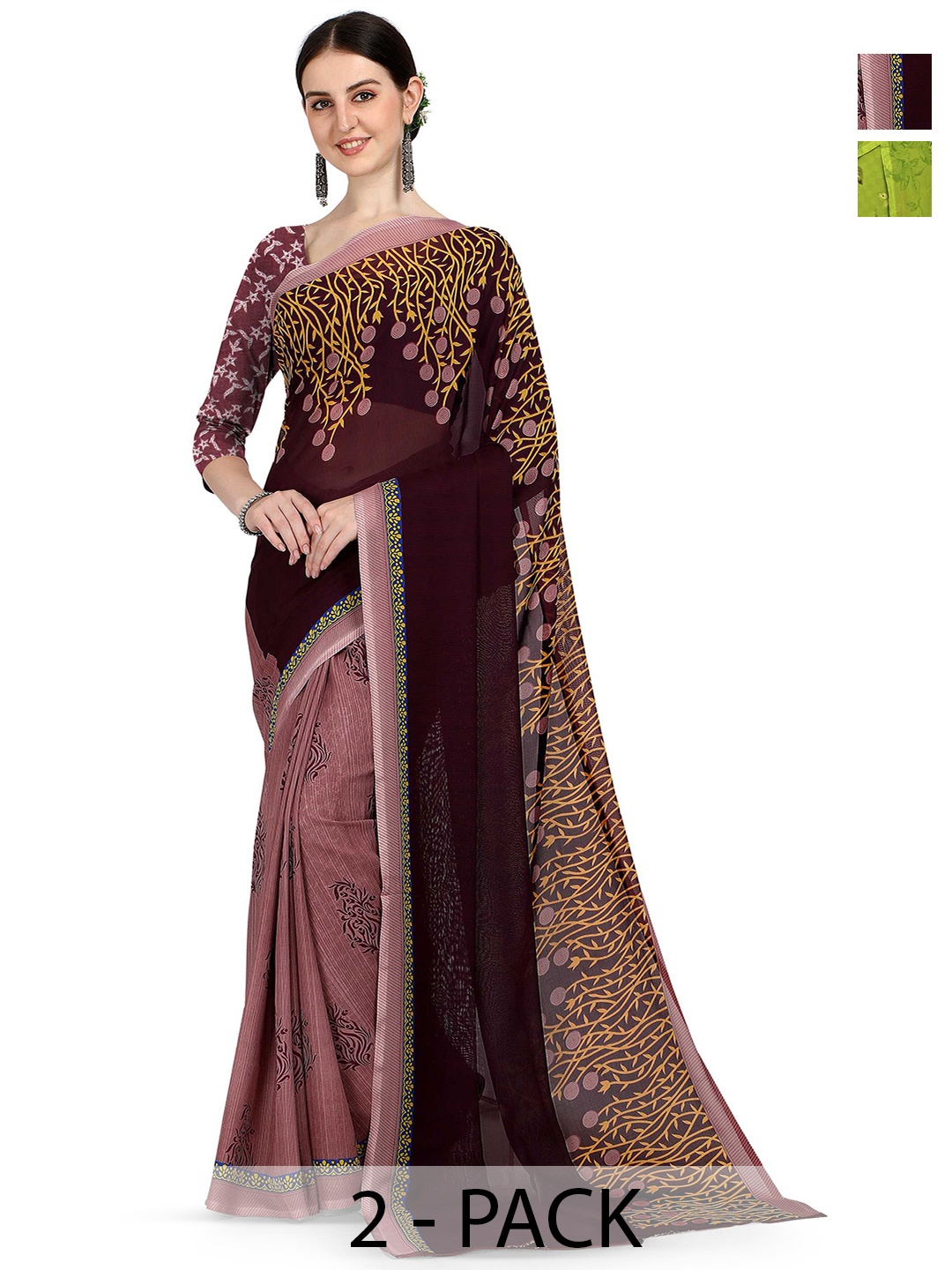 

ANAND SAREES Floral Poly Georgette Half and Half Saree, Green