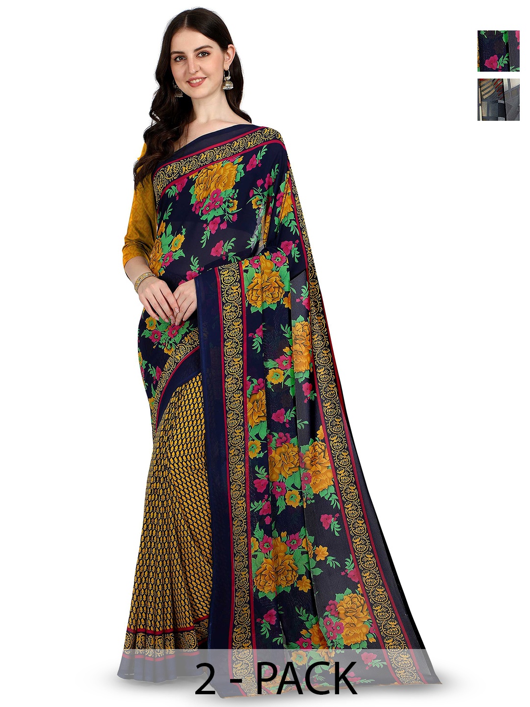 

ANAND SAREES Floral Printed Saree PACK OF 2, Black