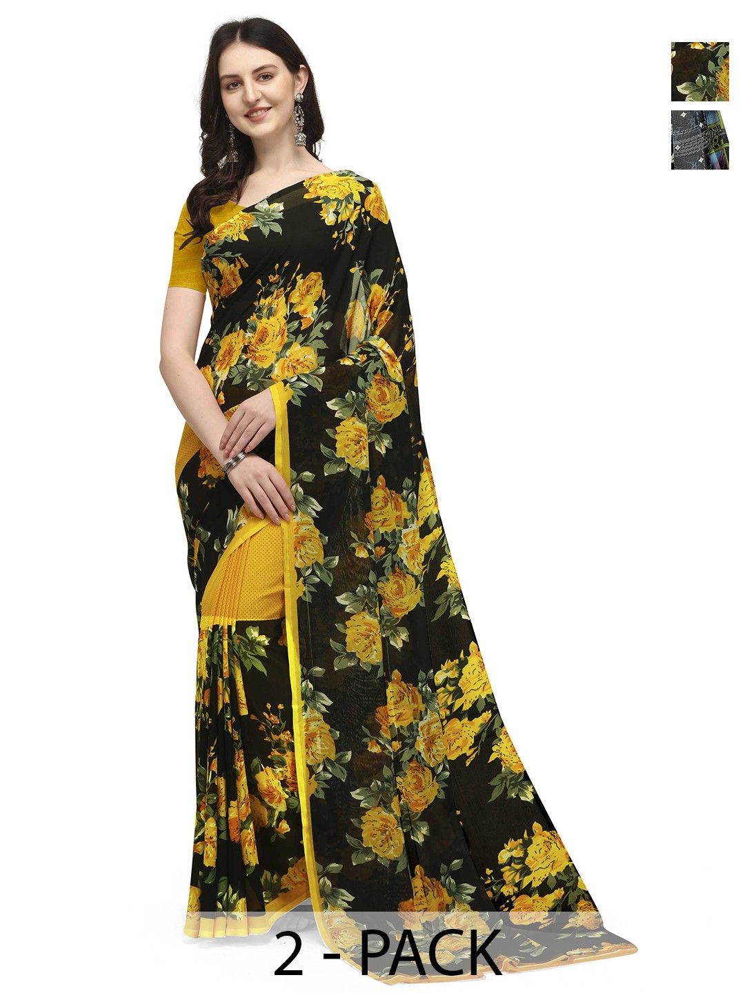 

ANAND SAREES Pack Of 2 Floral Saree, Black