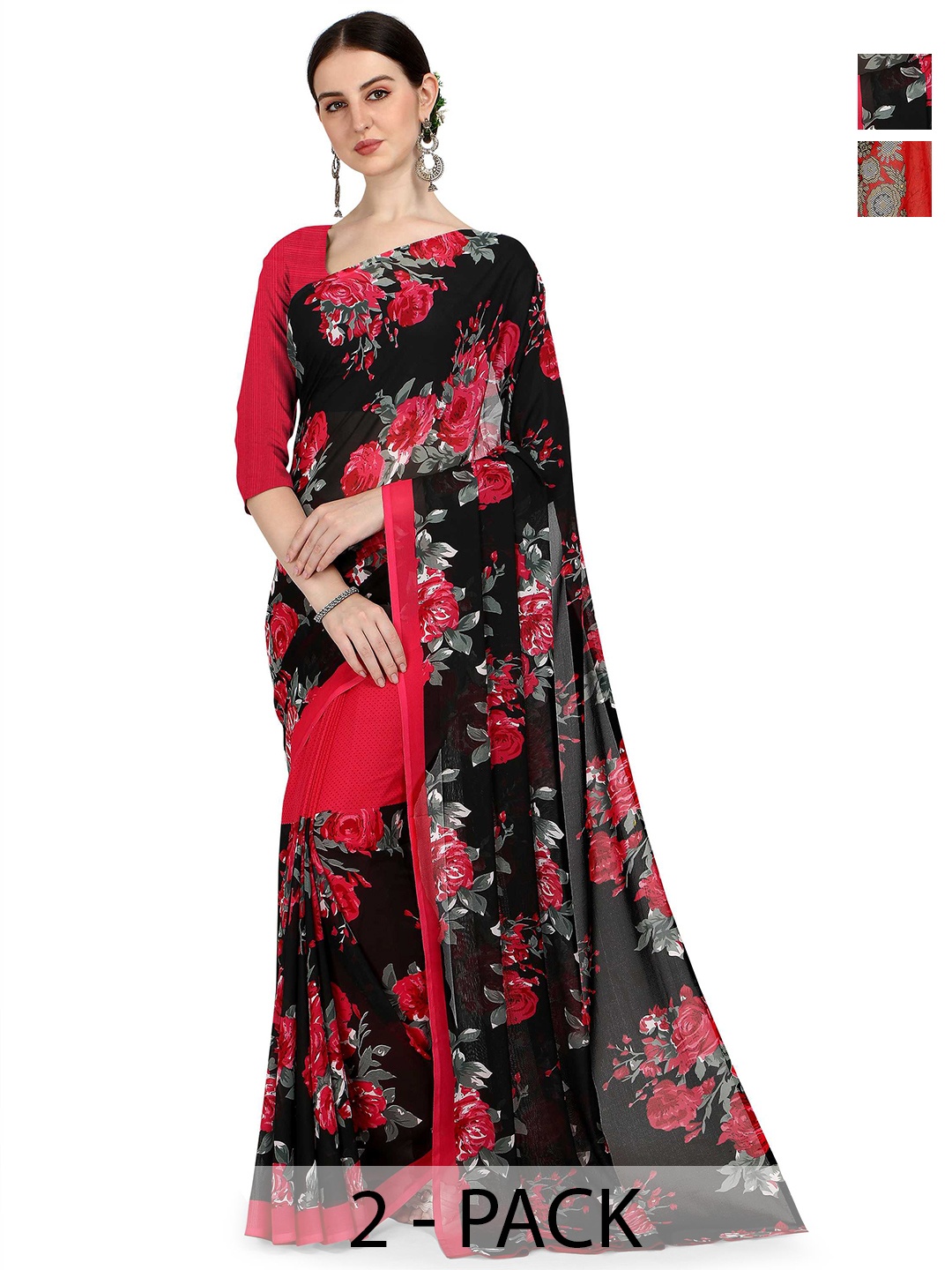 

ANAND SAREES Pack of-2 Floral Printed Saree, Red