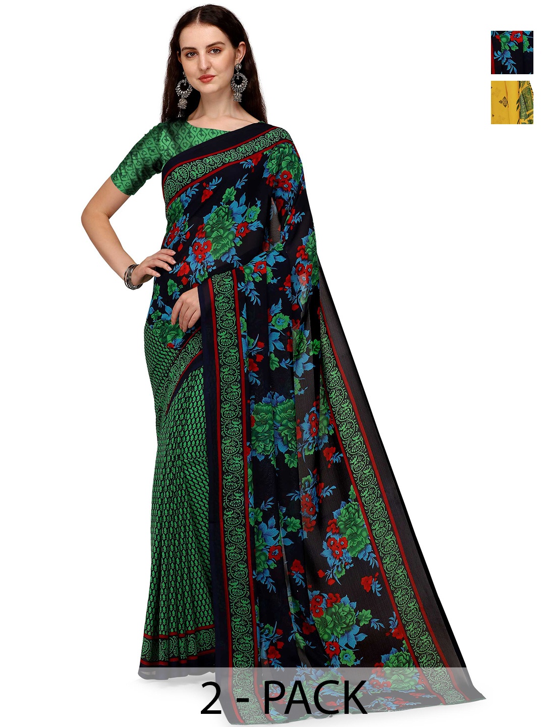 

ANAND SAREES Selection of 2 Floral Printed Saree, Green