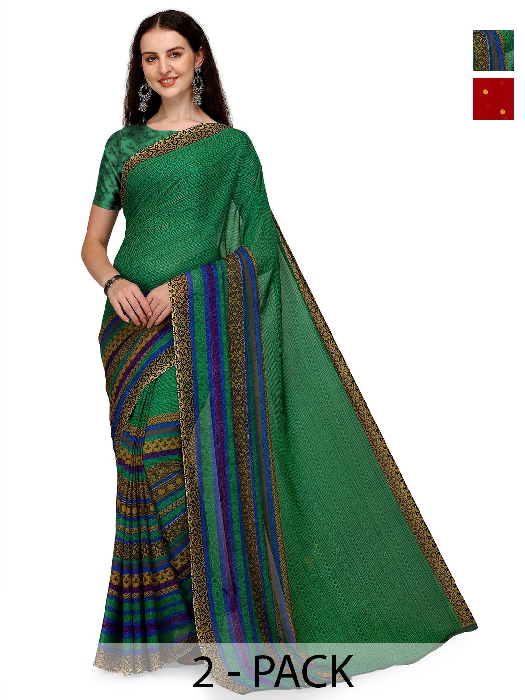 

ANAND SAREES Pack of 2 Polka Dot Saree, Green