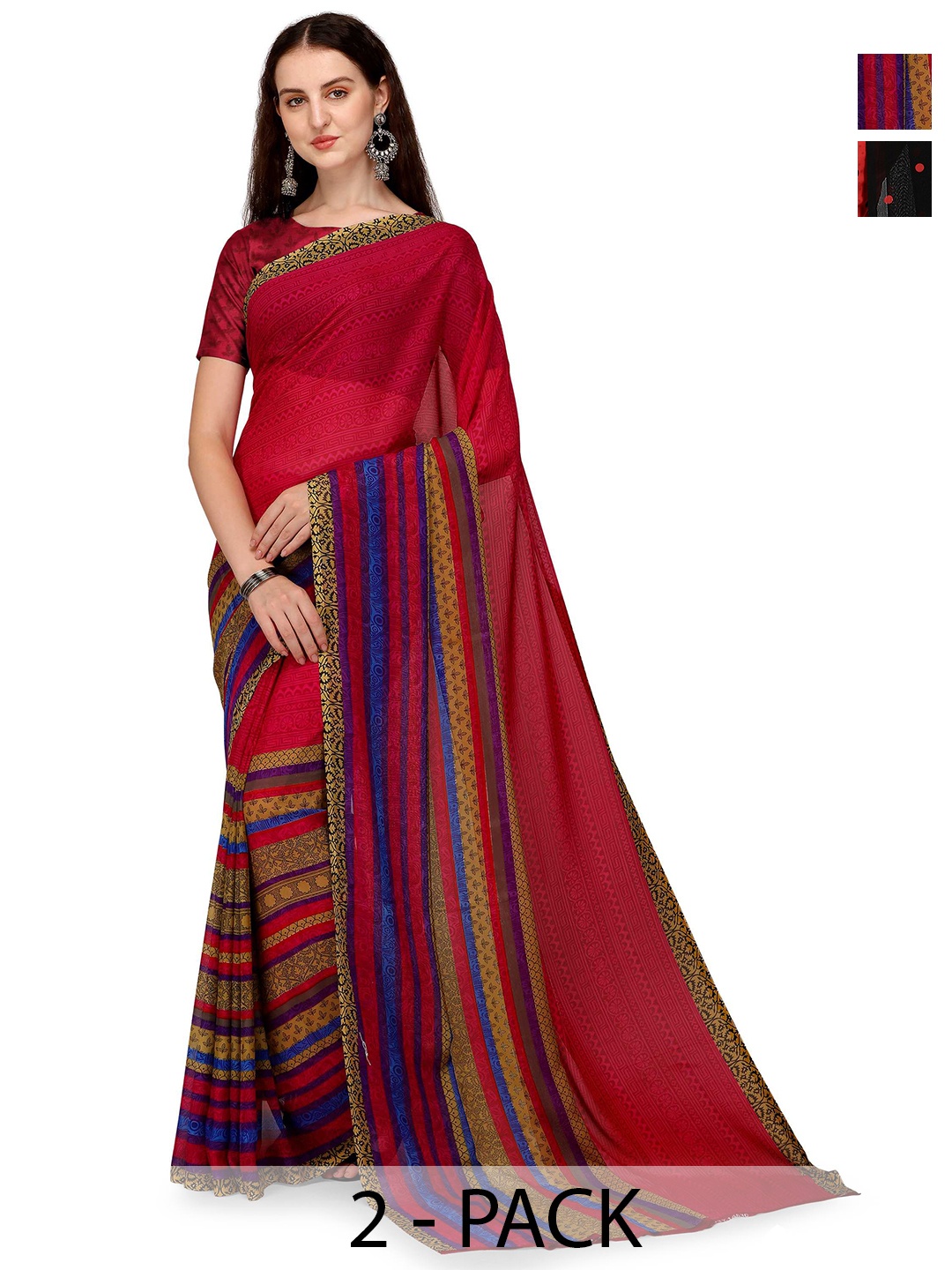 

ANAND SAREES Pack of-2 Striped Printed Saree, Black