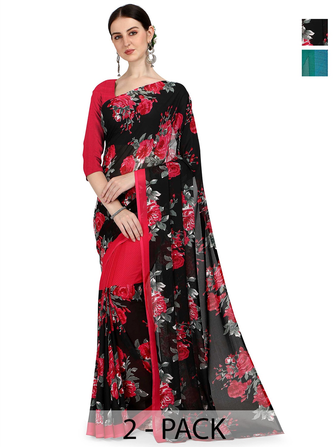 

ANAND SAREES Floral Saree Pack of 2, Black