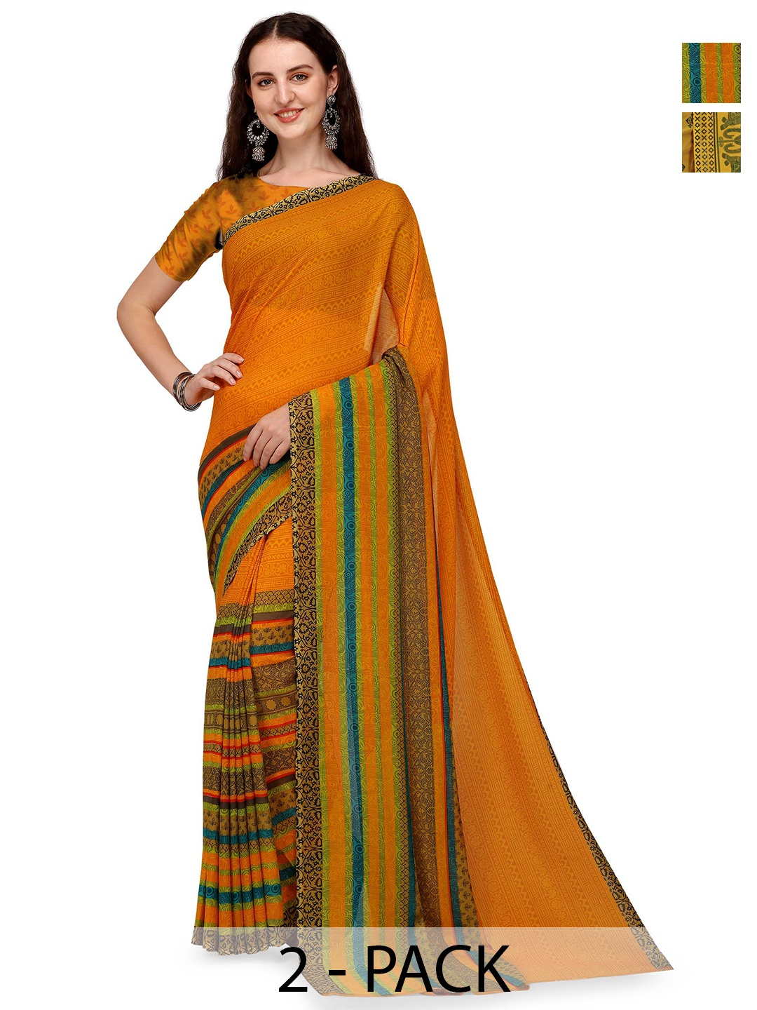 

ANAND SAREES Pack of-2 Striped Printed Saree, Mustard