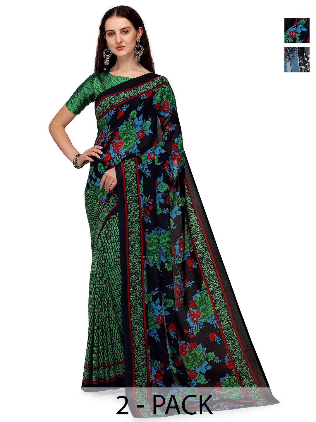 

ANAND SAREES Pack Of 2 Floral Saree With Blouse Piece, Green