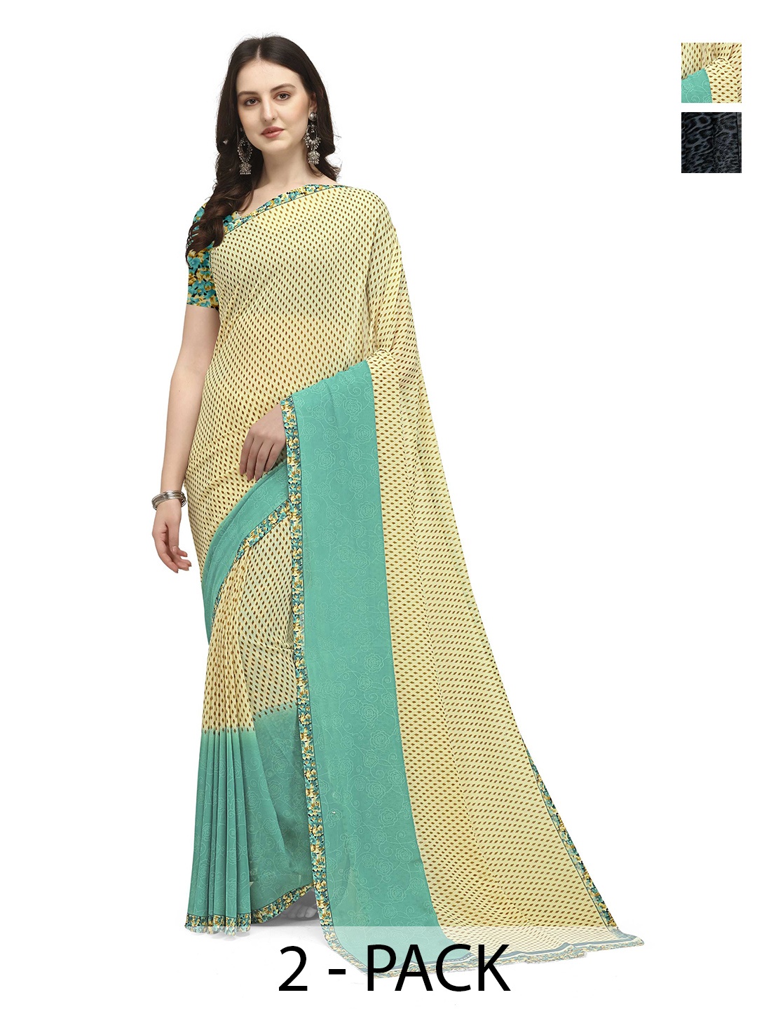 

ANAND SAREES Ethnic Motifs Saree Pack of 2, Cream
