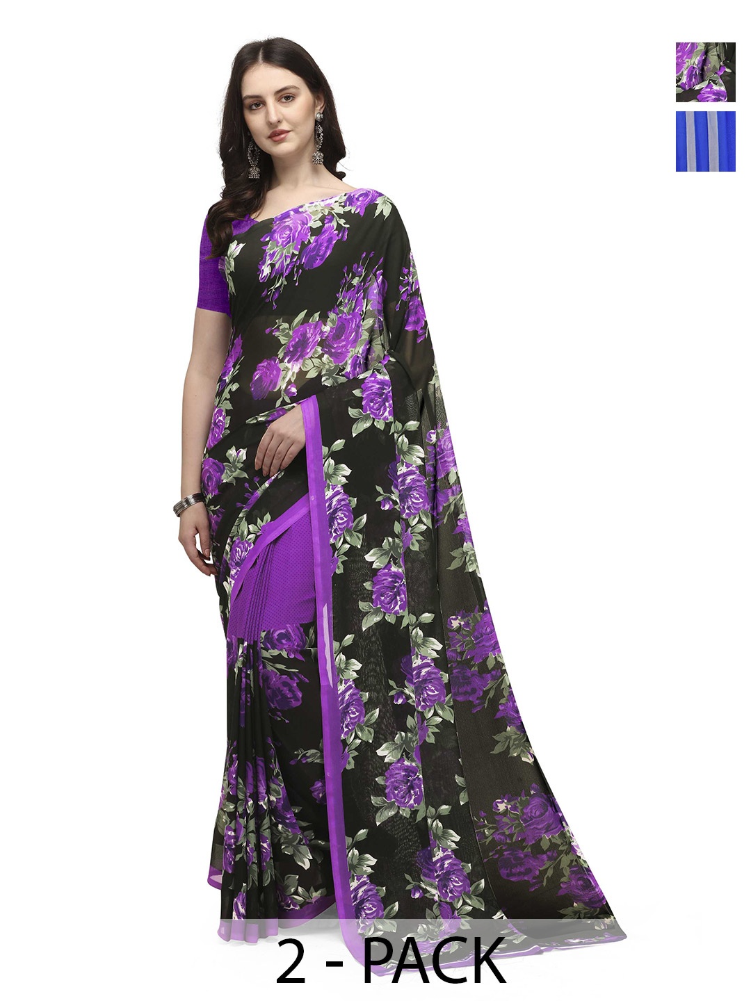

ANAND SAREES Floral Printed Half and Half Combo Pack of 2 Saree, Purple